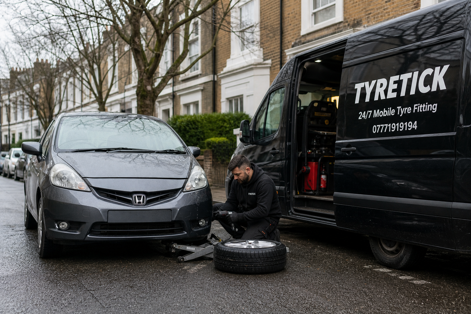 Mobile tyre fitting for a Honda Jazz on a Camden street