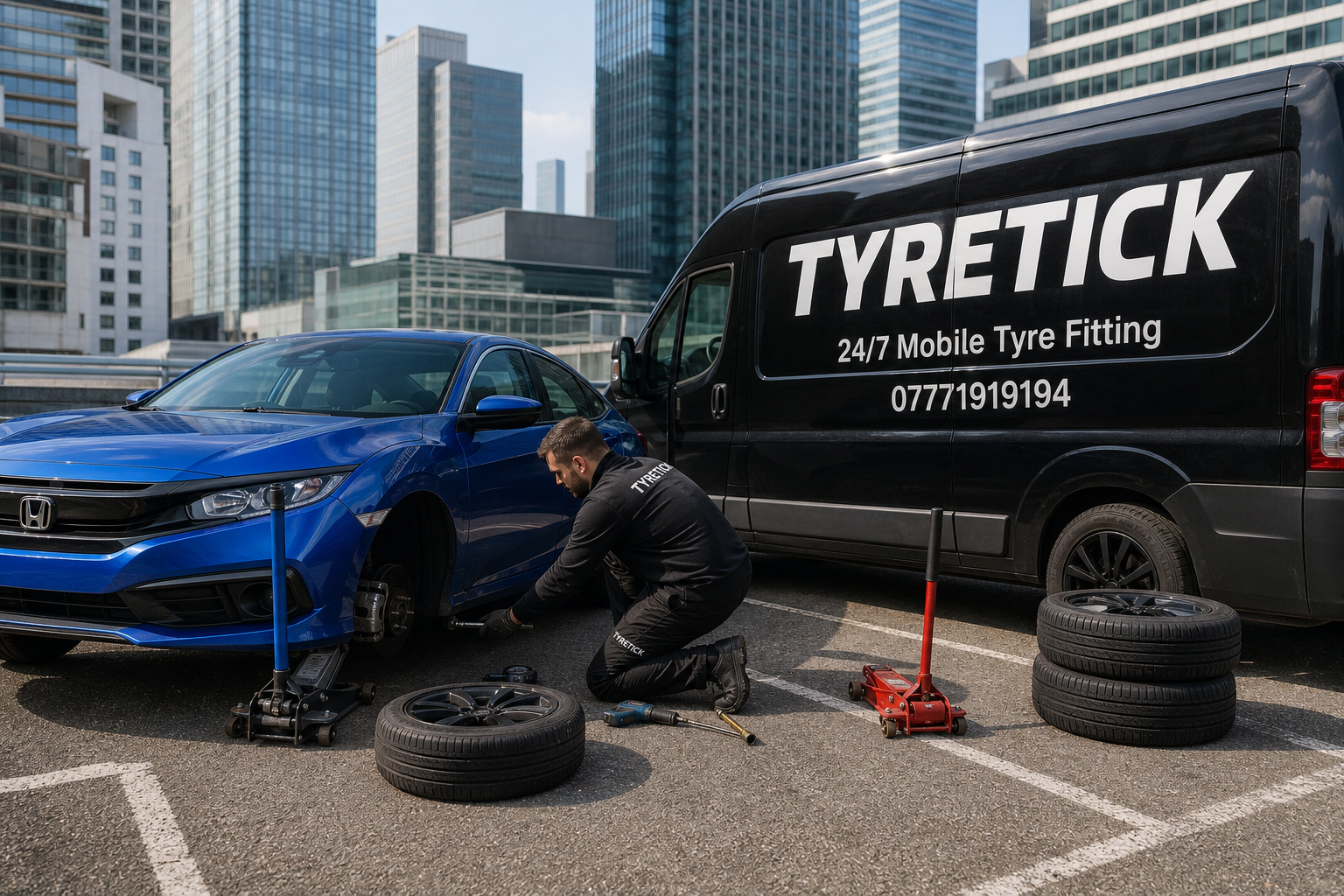 Honda Civic receiving mobile tyre replacement in Canary Wharf