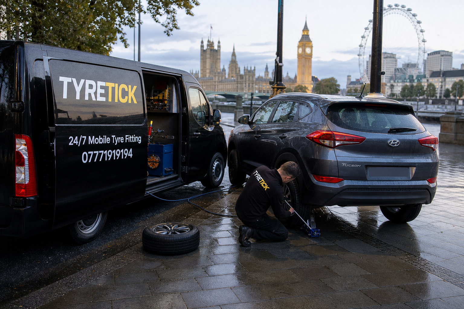 Mobile tyre fitting for a Hyundai Tucson on a rainy morning in Westminster