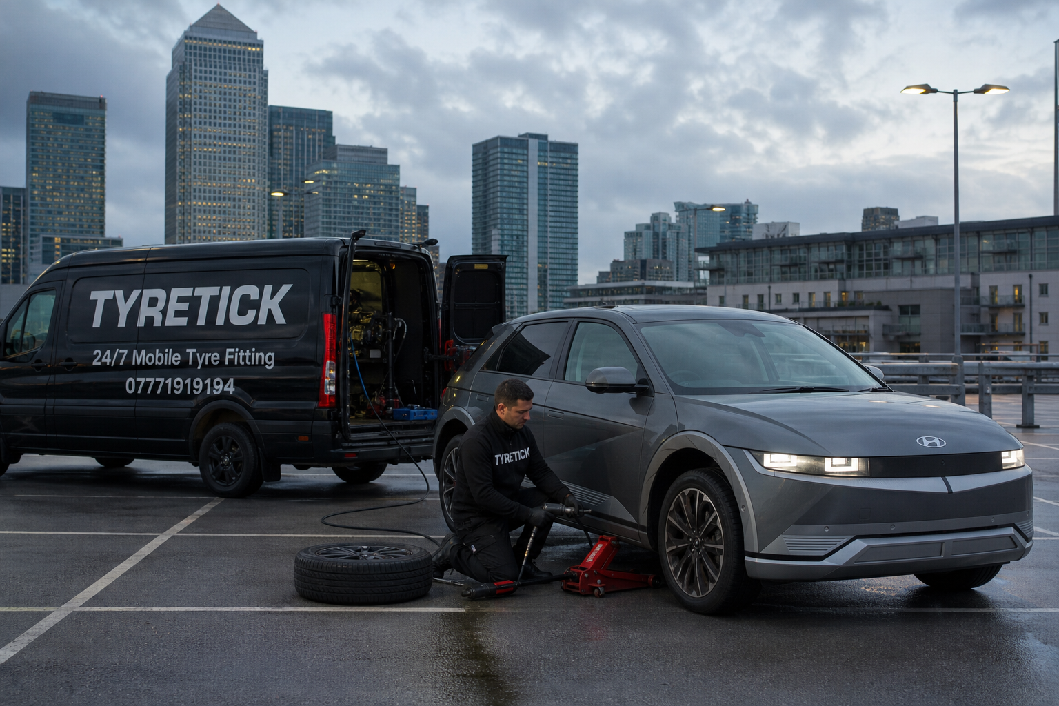 Hyundai Ioniq 5 receiving mobile tyre replacement in a Canary Wharf car park