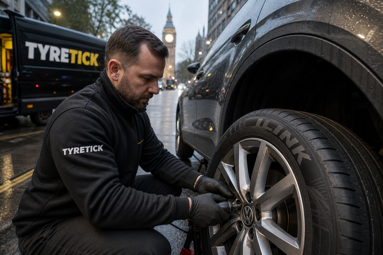 Mobile technician fitting iLink tyres to a Volkswagen Golf in Westminster