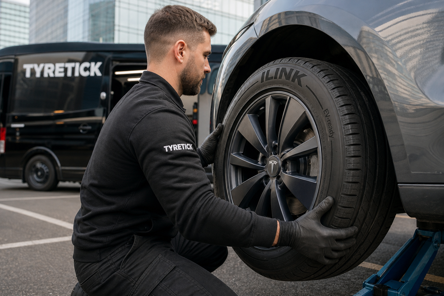 iLink tyres fitted to a Tesla Model 3 in Canary Wharf