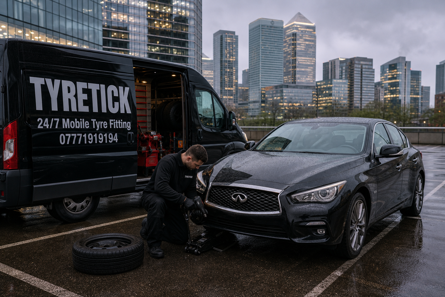 Mobile tyre fitting for an Infiniti Q50 in a Canary Wharf office car park