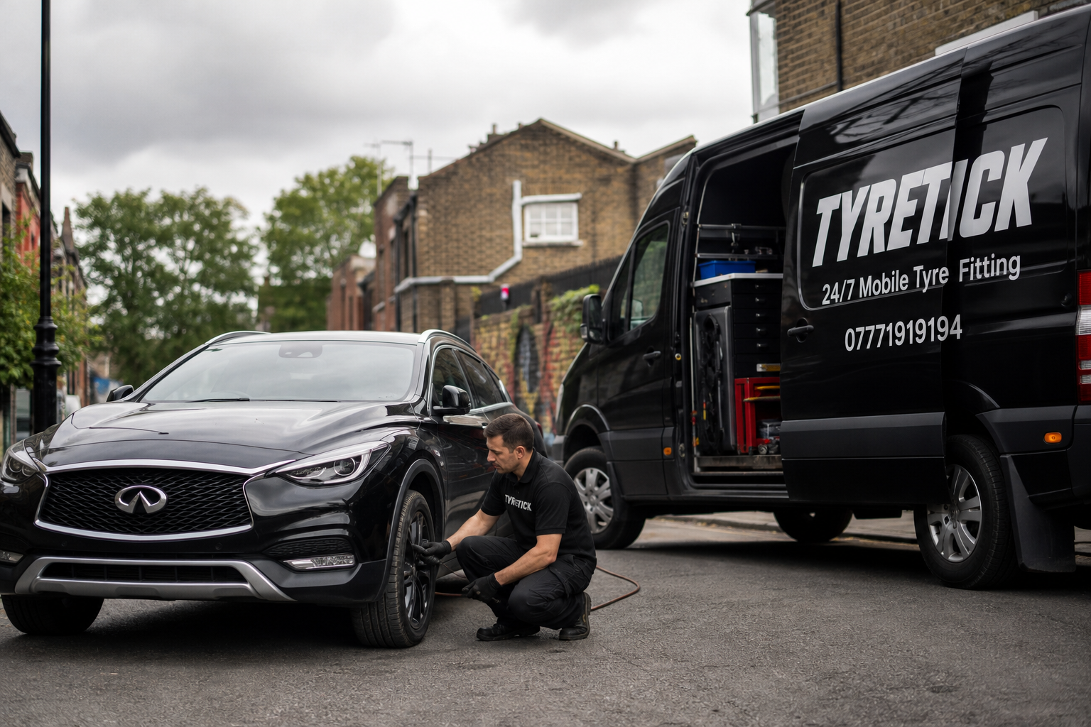Infiniti Q30 puncture check during mobile tyre service in Camden