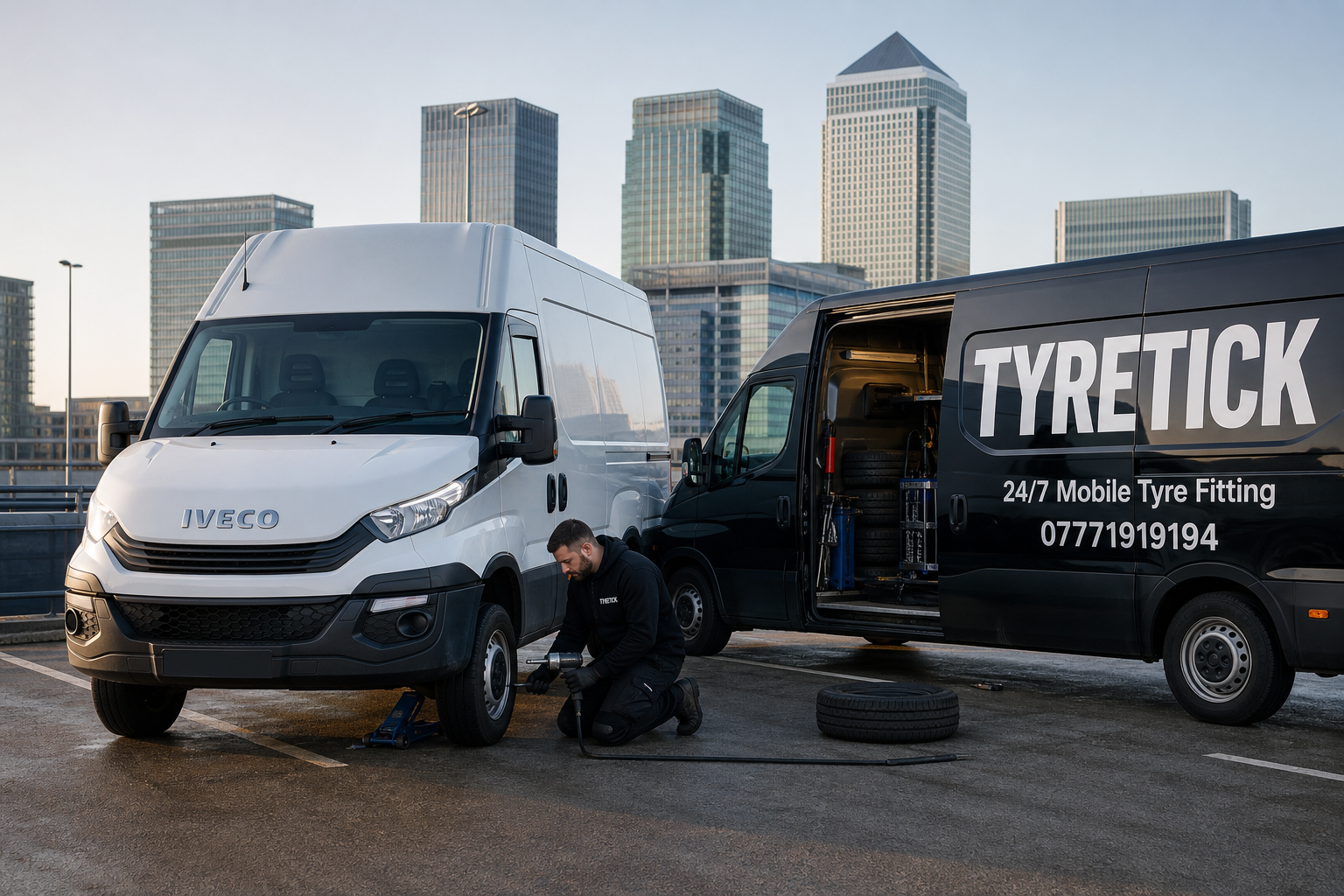 Iveco Daily mobile tyre fitting in Canary Wharf office car park