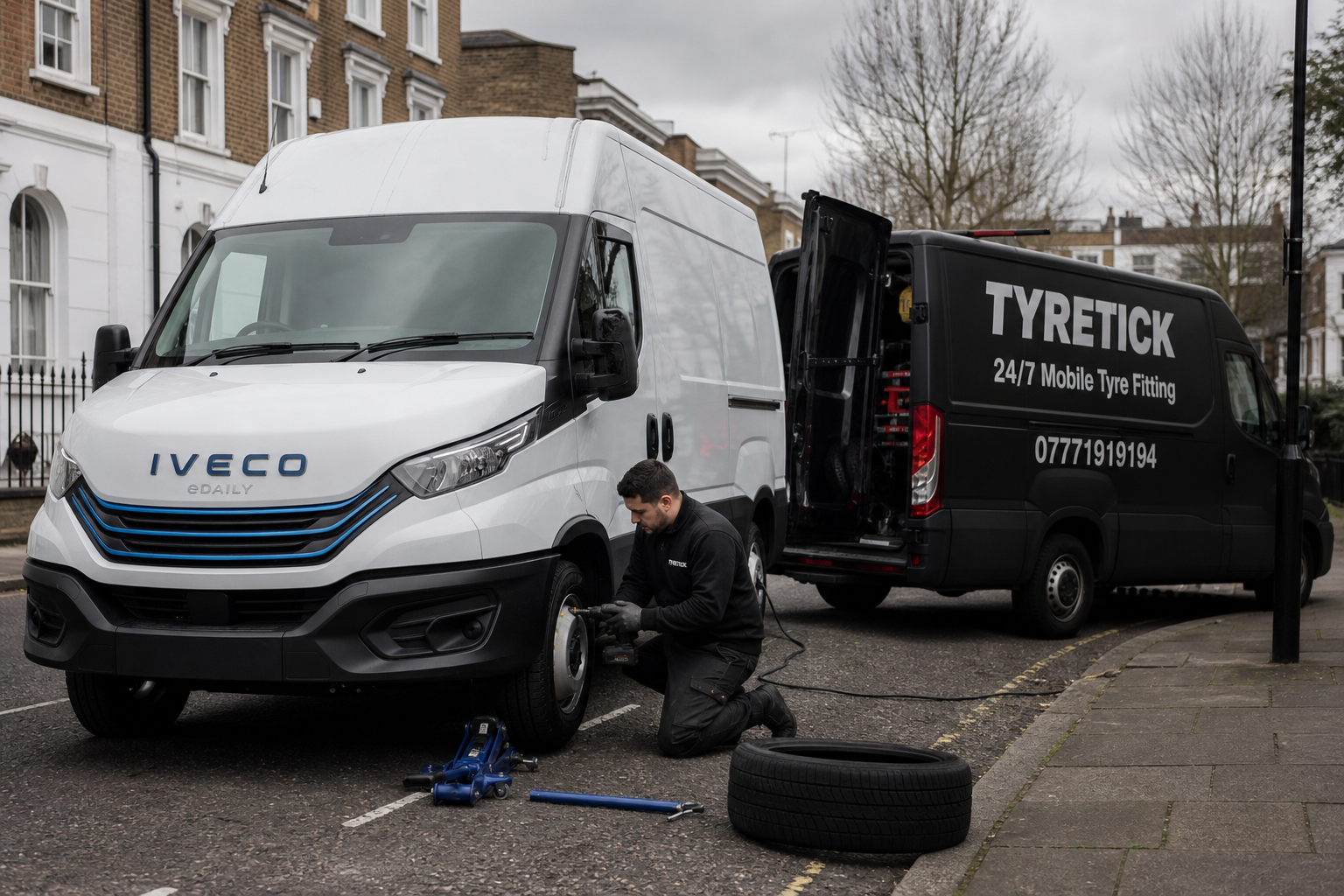 Iveco eDaily tyre check on an Islington street