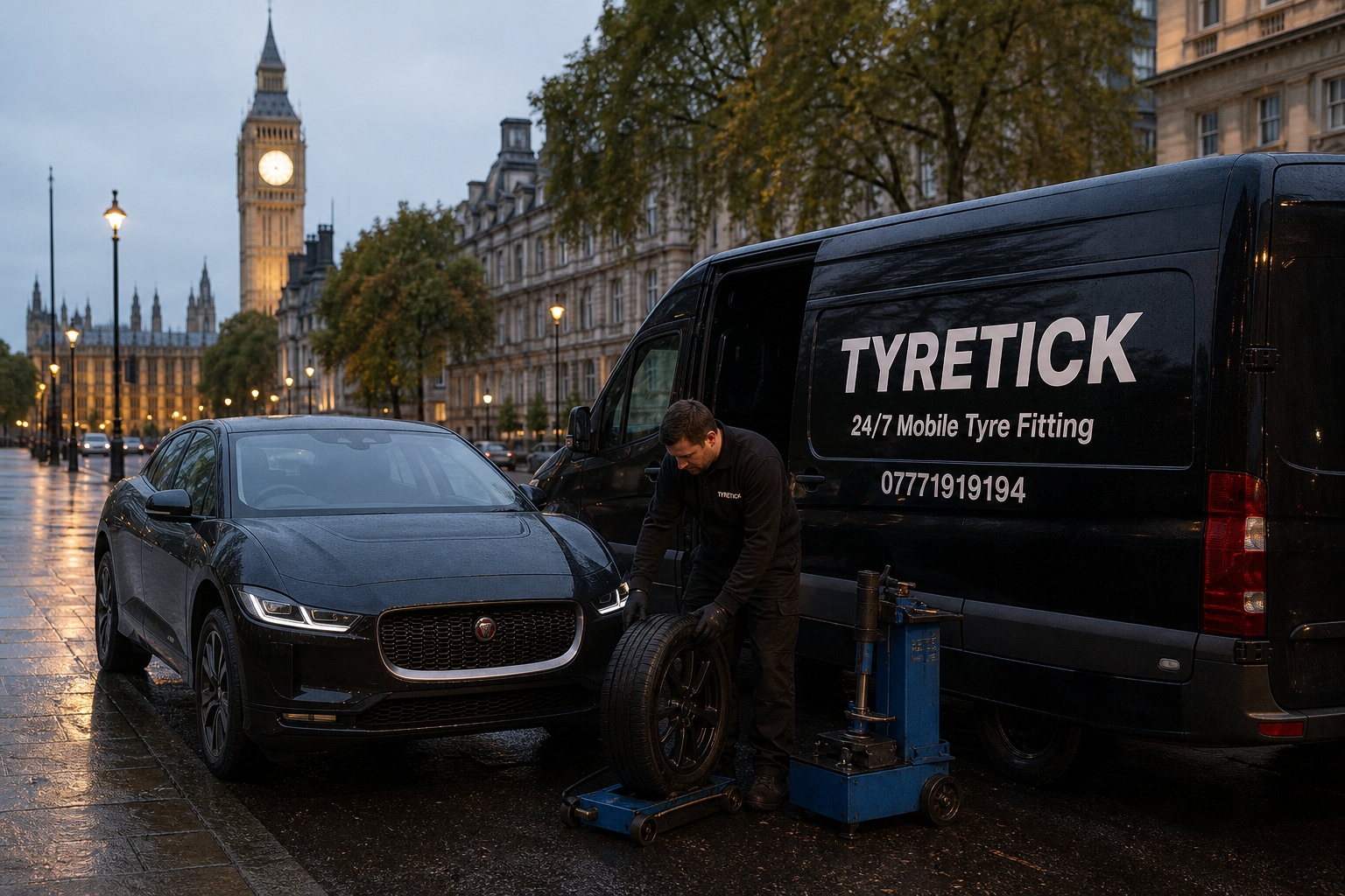 Mobile tyre fitting for a Jaguar I-PACE in Westminster after rain