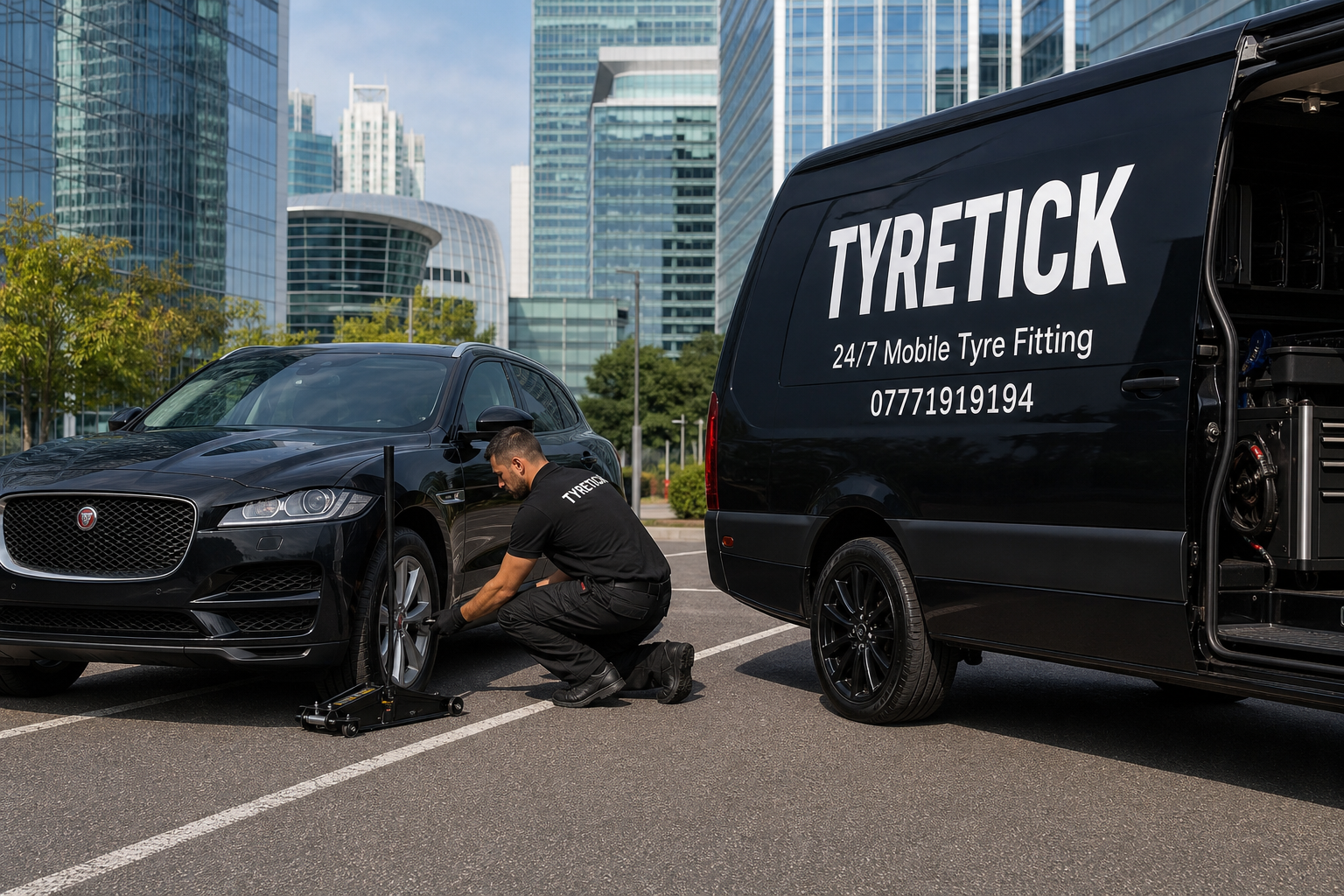 Jaguar F-PACE tyre replacement in a Canary Wharf office car park