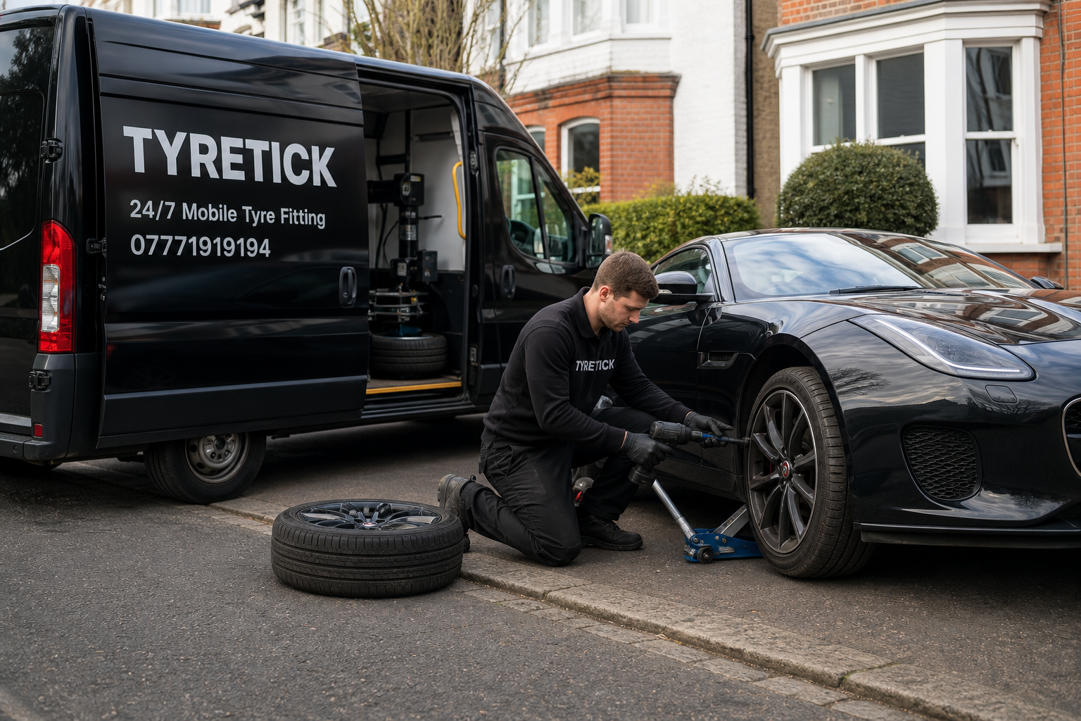 Mobile tyre service for a Jaguar F-TYPE on a Richmond driveway