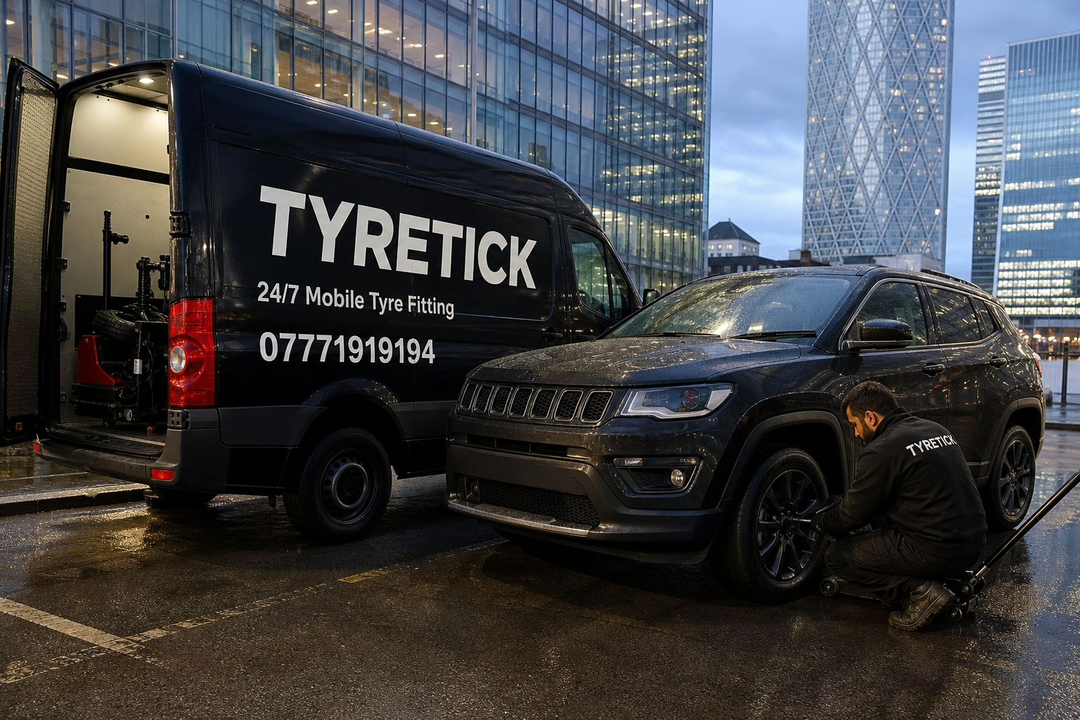 Jeep Compass mobile tyre fitting in a Canary Wharf office car park