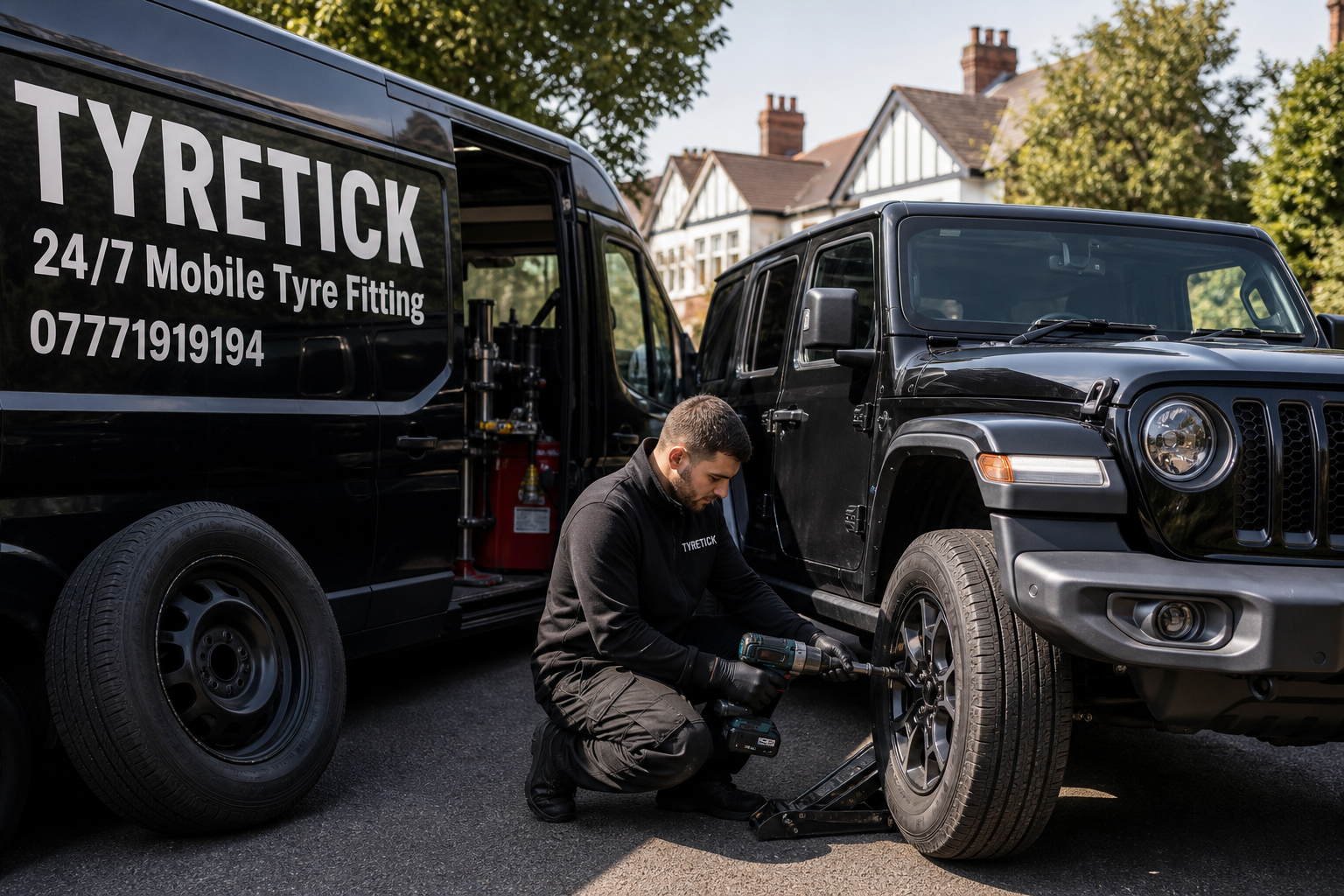 Jeep Wrangler 4xe tyre replacement on a Richmond driveway