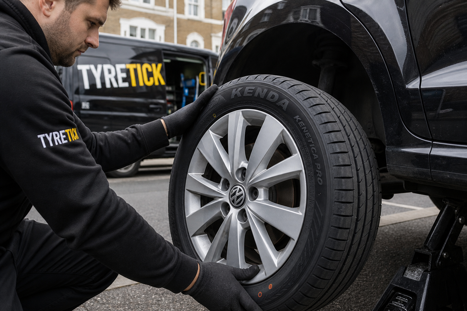 Kenda tyres fitted to a Volkswagen Golf on a Camden street