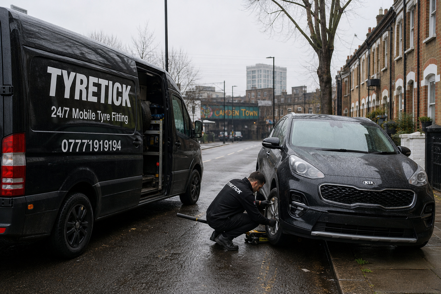 Mobile tyre fitter replacing a tyre on a Kia Sportage in Camden rain
