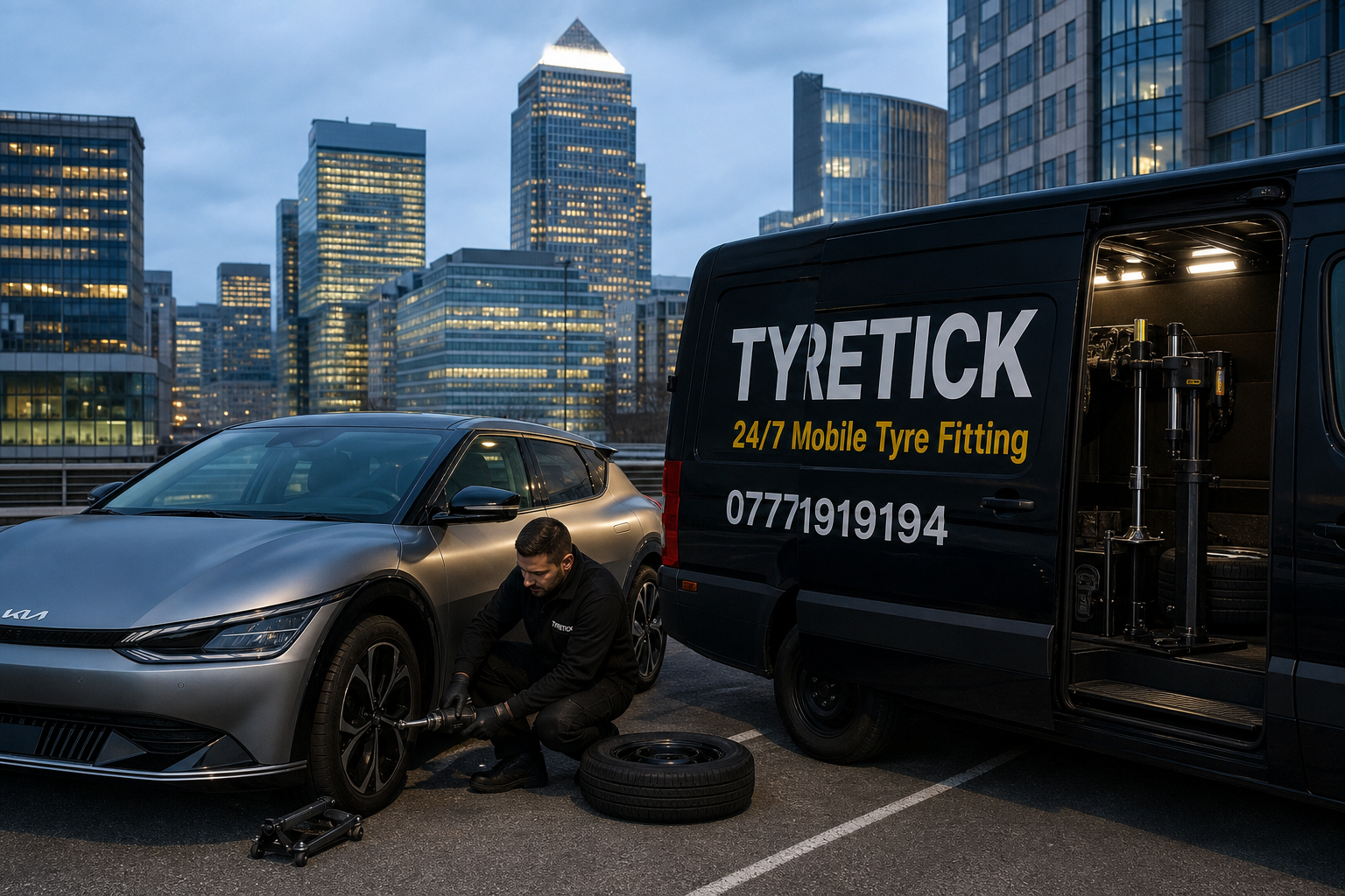 Kia EV6 receiving mobile tyre service in a Canary Wharf office car park