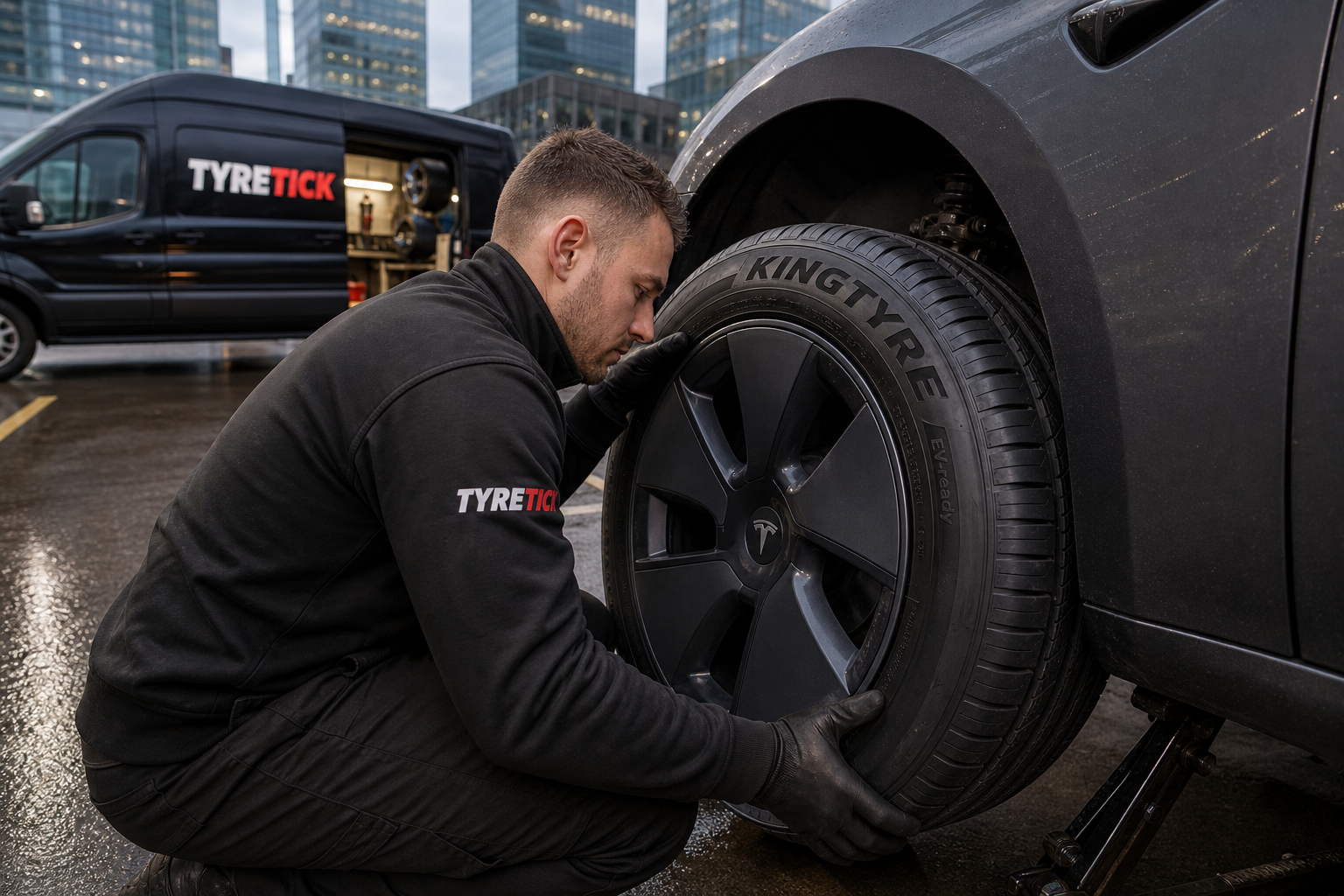 Mobile fitting KingTyre tyres on a Tesla Model 3 in Canary Wharf