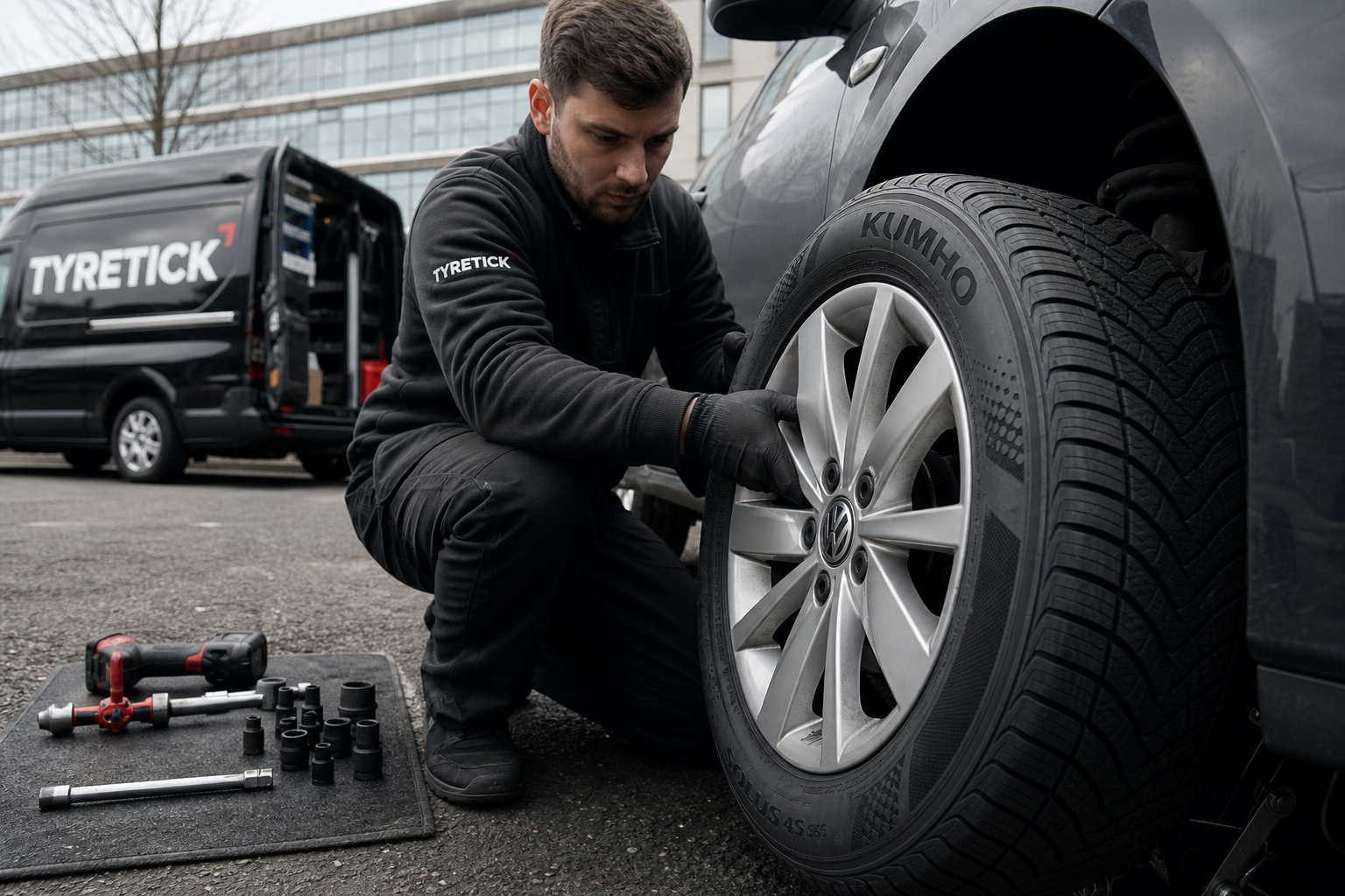 Kumho tyres fitted to a Volkswagen Golf during a mobile tyre call in Hackney