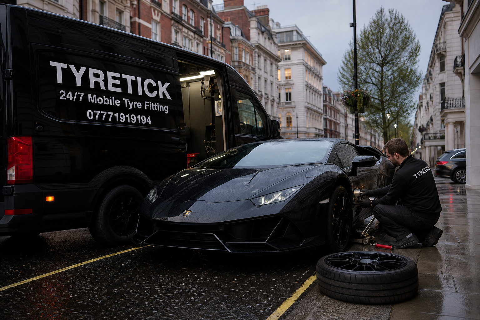 Mobile tyre fitting for a Lamborghini Huracán Tecnica in Mayfair London