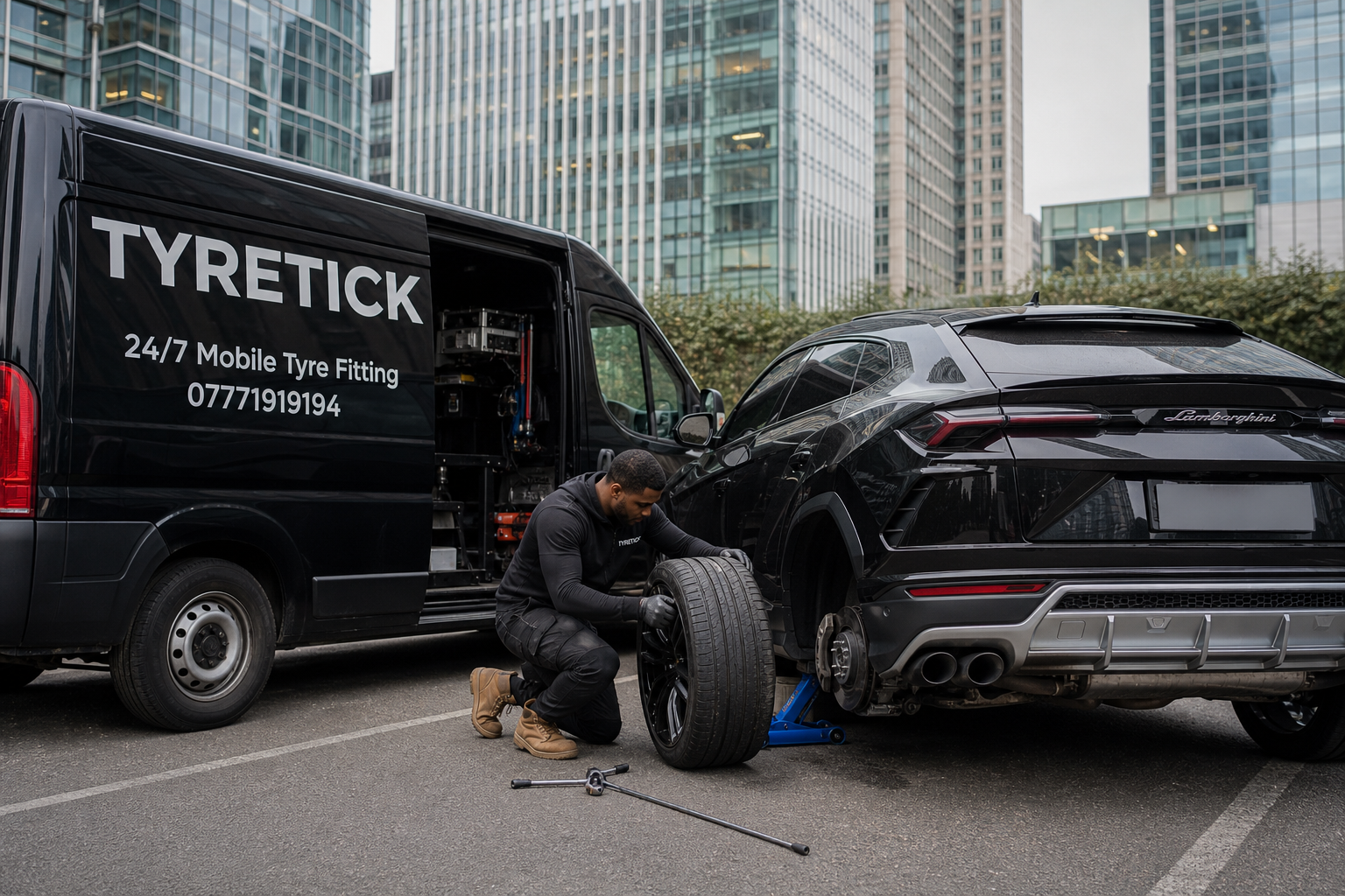 Lamborghini Urus mobile tyre replacement in a Canary Wharf office car park
