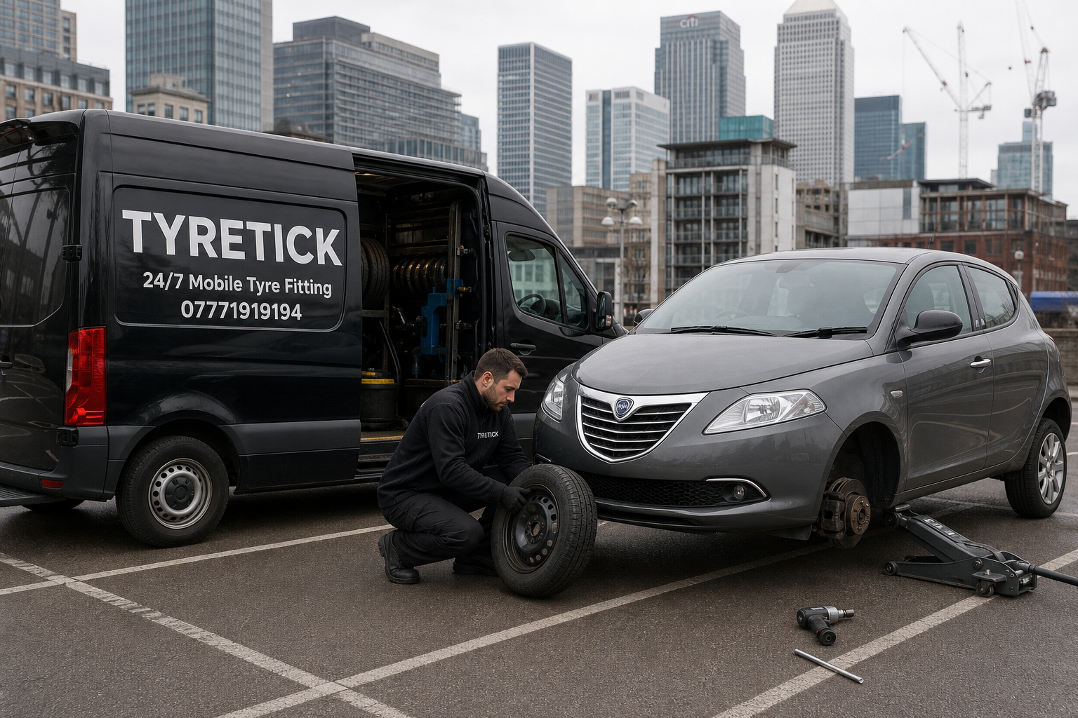 Lancia Ypsilon receiving mobile tyre fitting in Canary Wharf