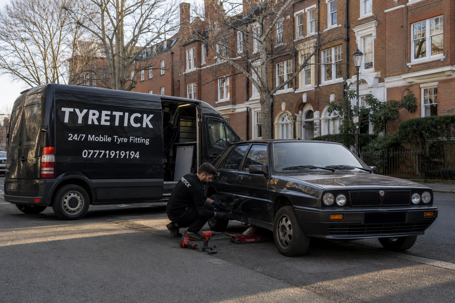 Lancia Delta roadside tyre replacement in Clapham