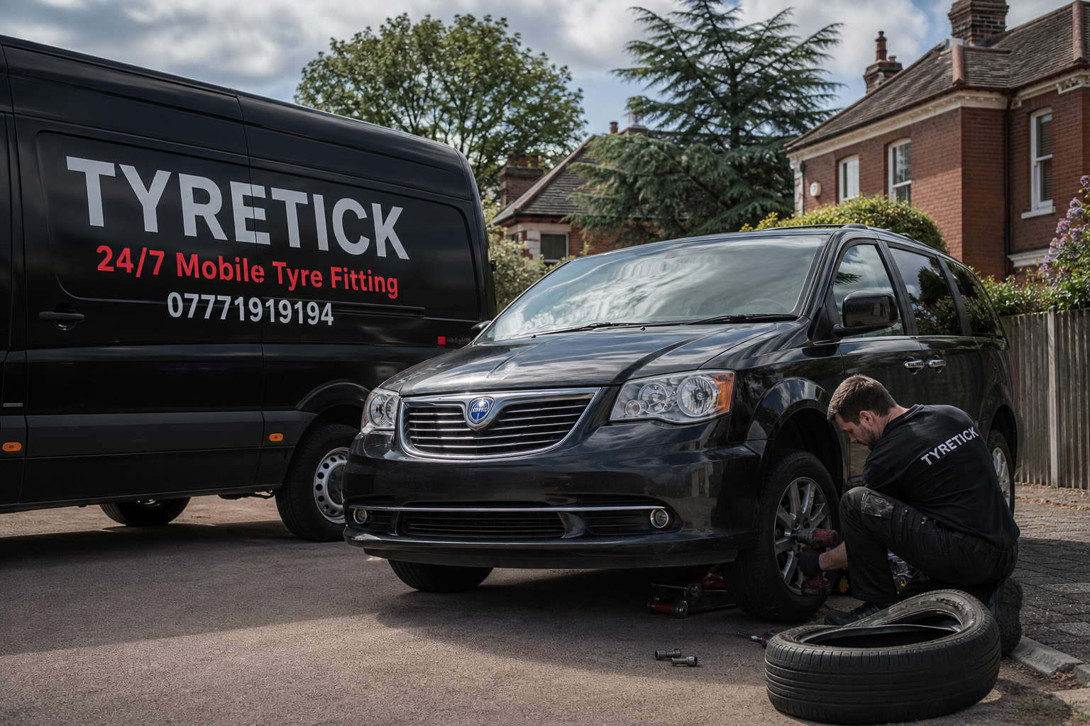 Lancia Voyager tyre safety check on a Richmond driveway