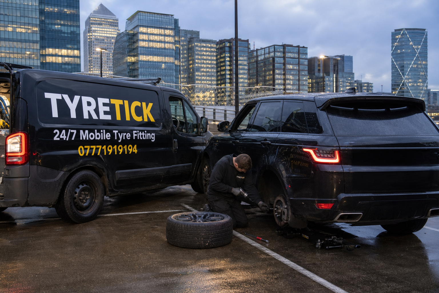 Range Rover Sport mobile tyre fitting in a Canary Wharf office car park