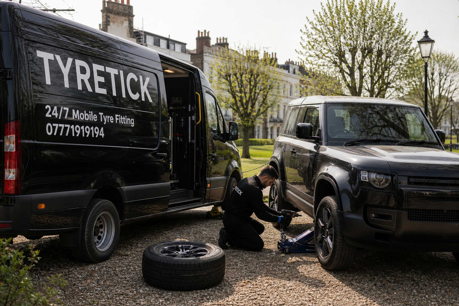 Land Rover Defender 110 receiving tyre replacement on a Richmond driveway