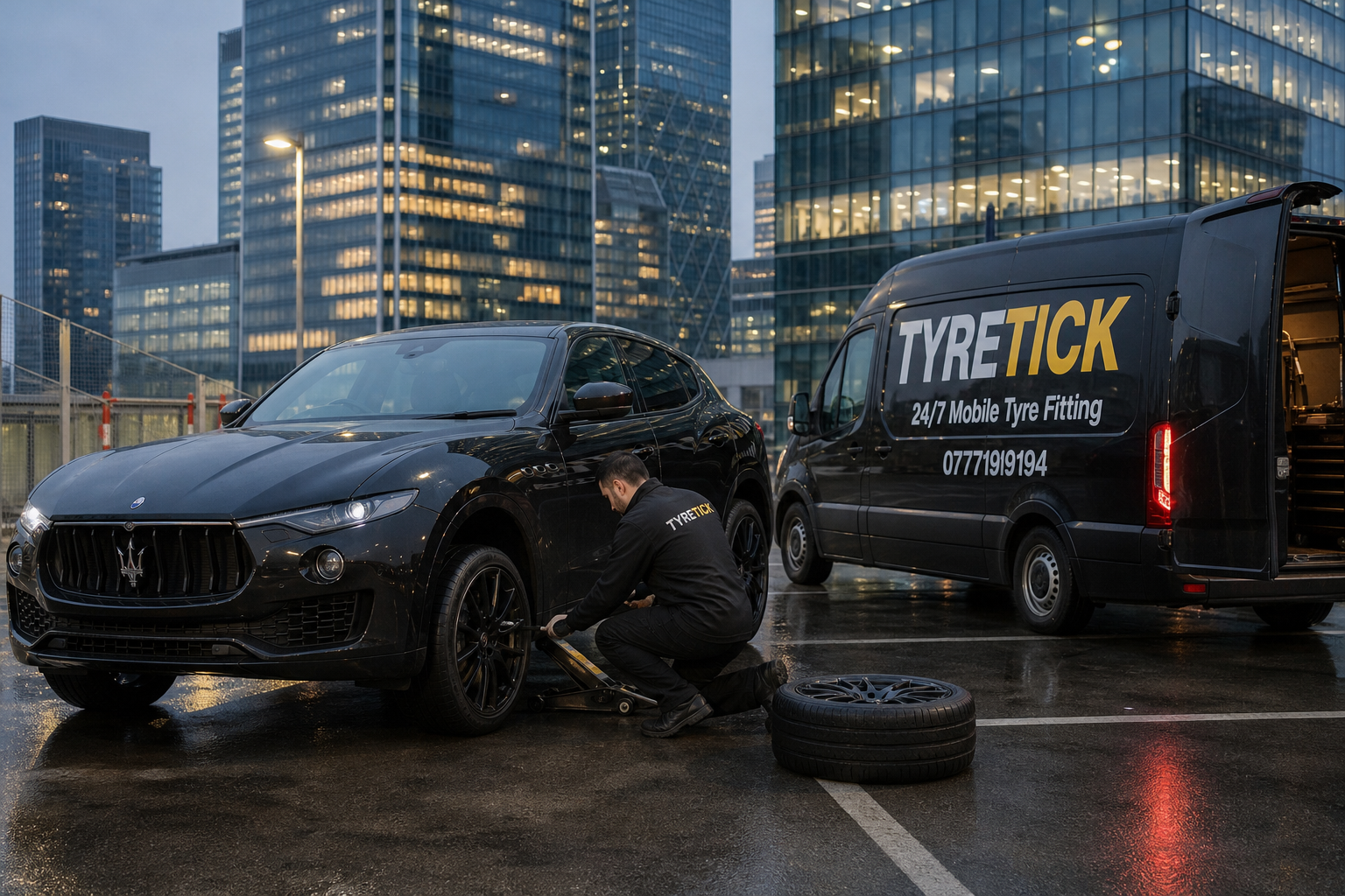 Maserati Levante receiving mobile tyre fitting in Canary Wharf after rain