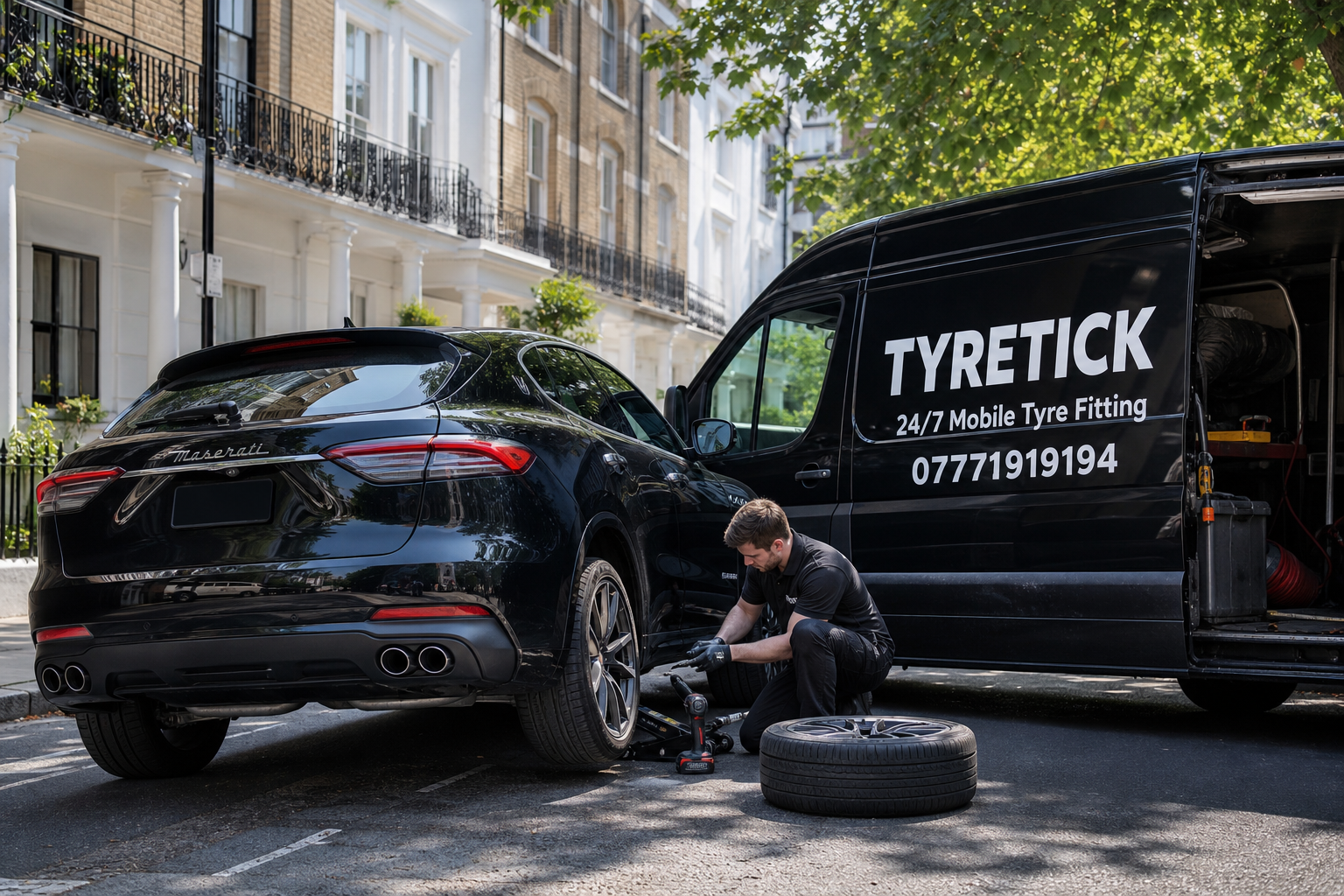 Maserati Grecale tyre check on a Kensington residential street