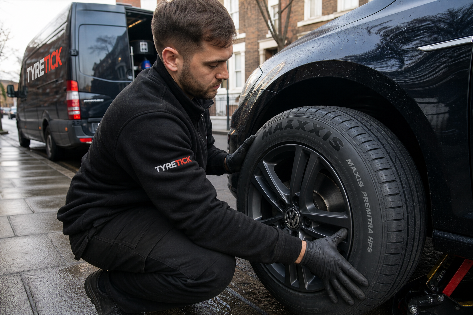 Mobile technician fitting Maxxis tyres to a Volkswagen Golf in Camden