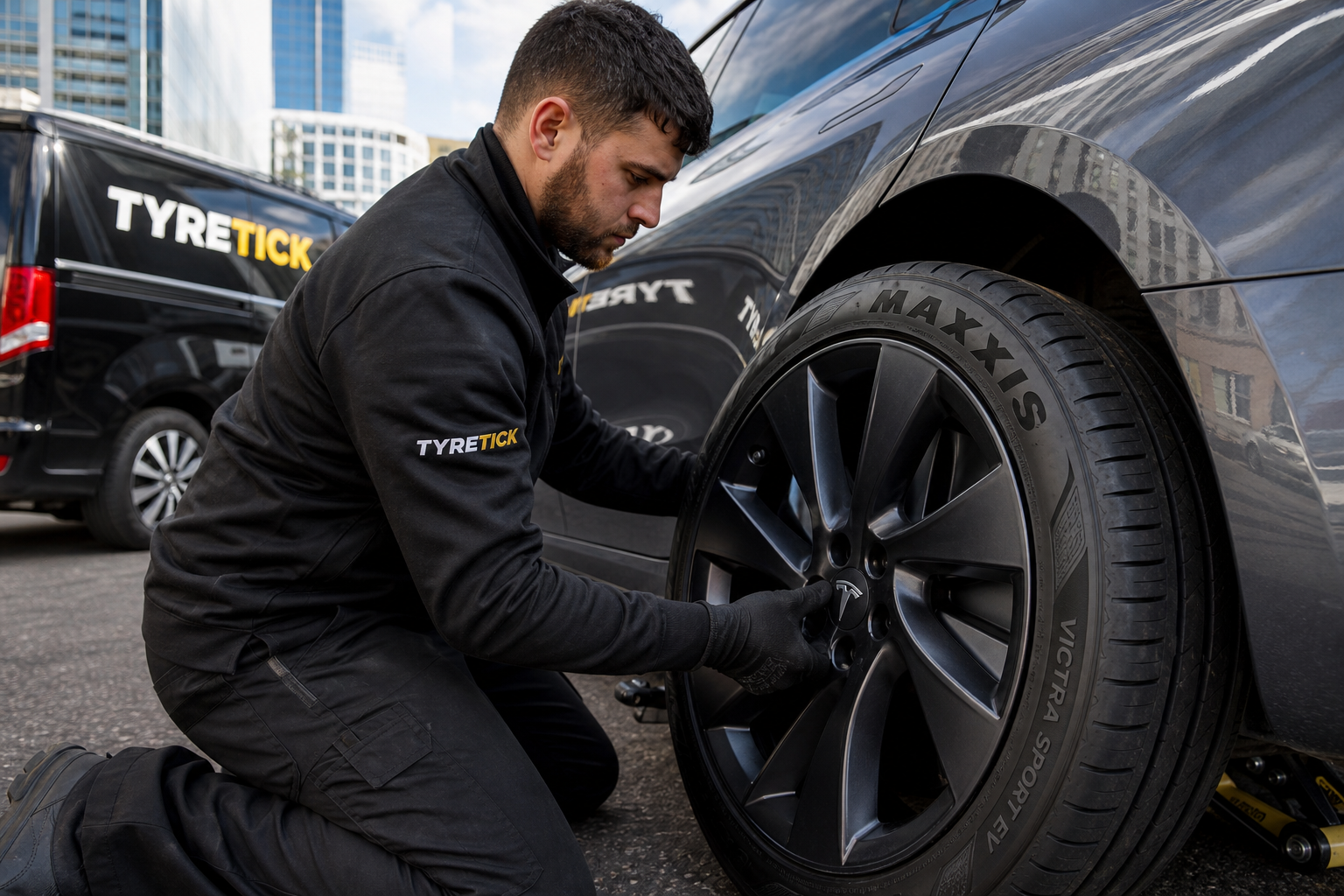 Maxxis tyres being fitted to a Tesla Model 3 in Canary Wharf