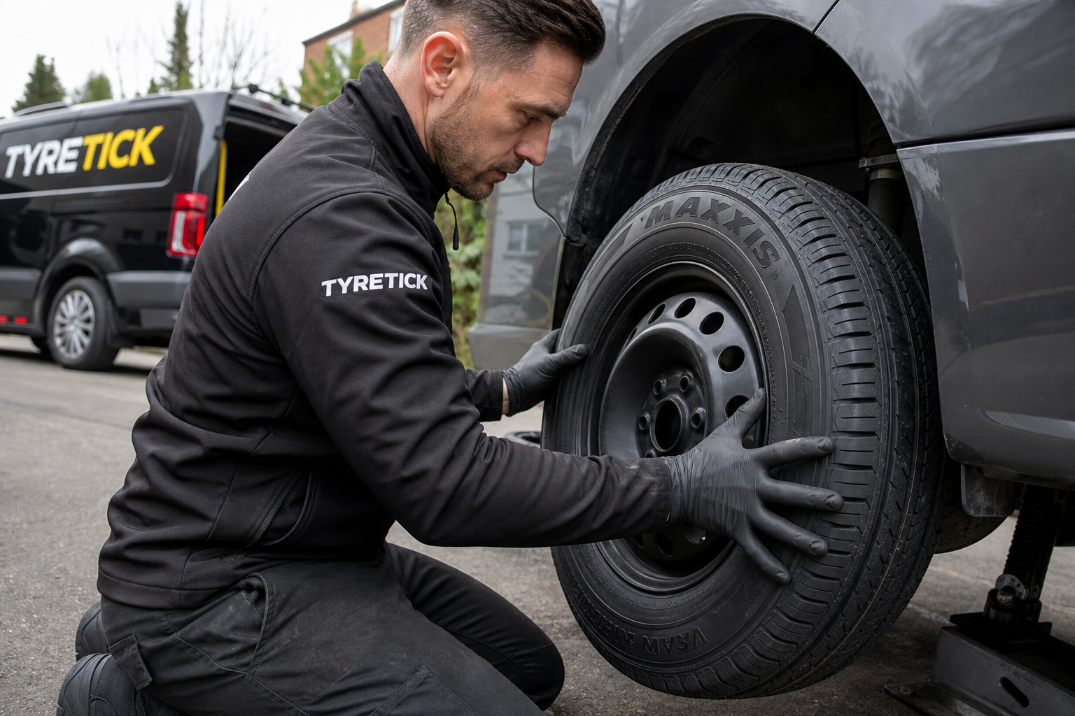 Ford Transit Custom receiving Maxxis tyres mobile fitting in Croydon