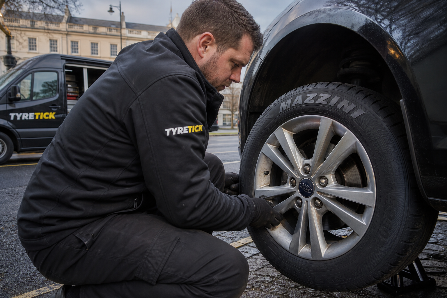 Mazzini tyres being fitted to a Ford Focus in Westminster
