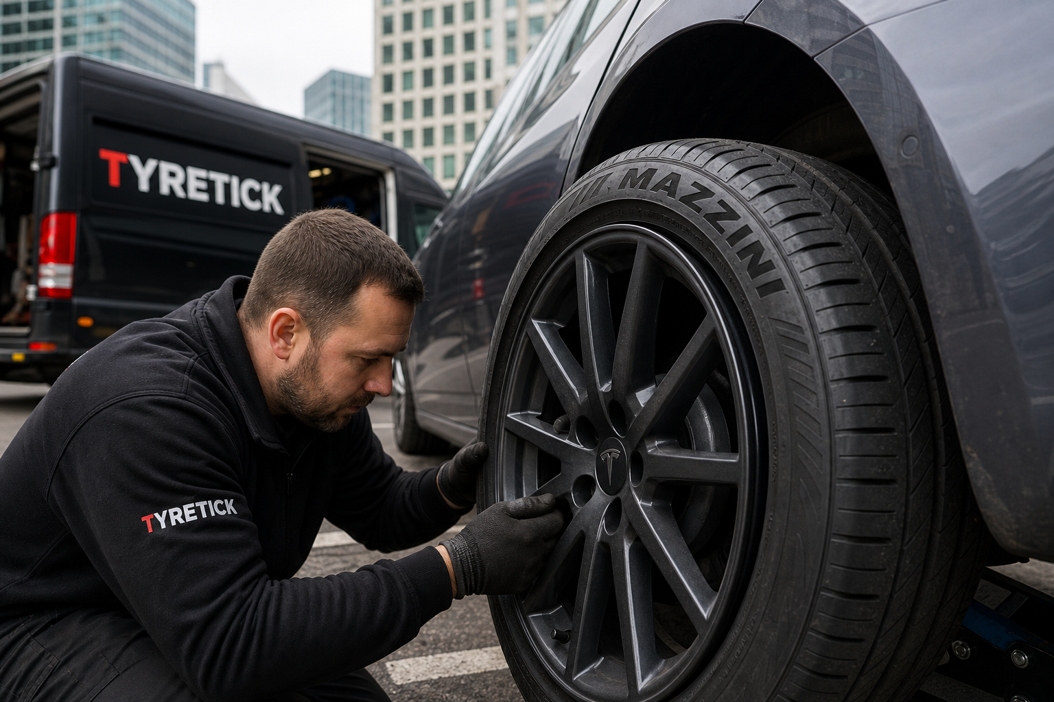 Mazzini tyres for a Tesla Model 3 during mobile fitting in Canary Wharf