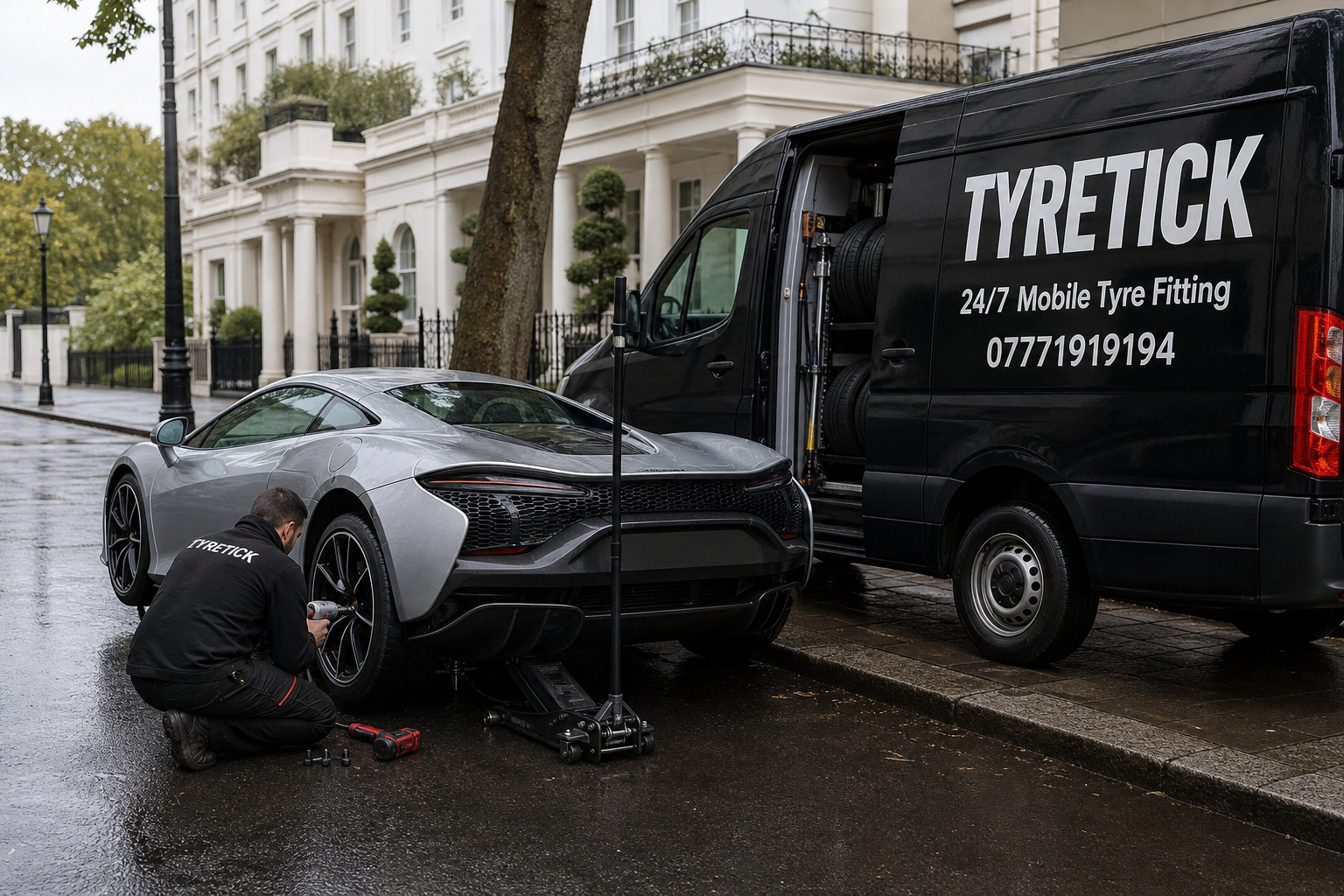 McLaren Artura mobile tyre fitting in Kensington after rain