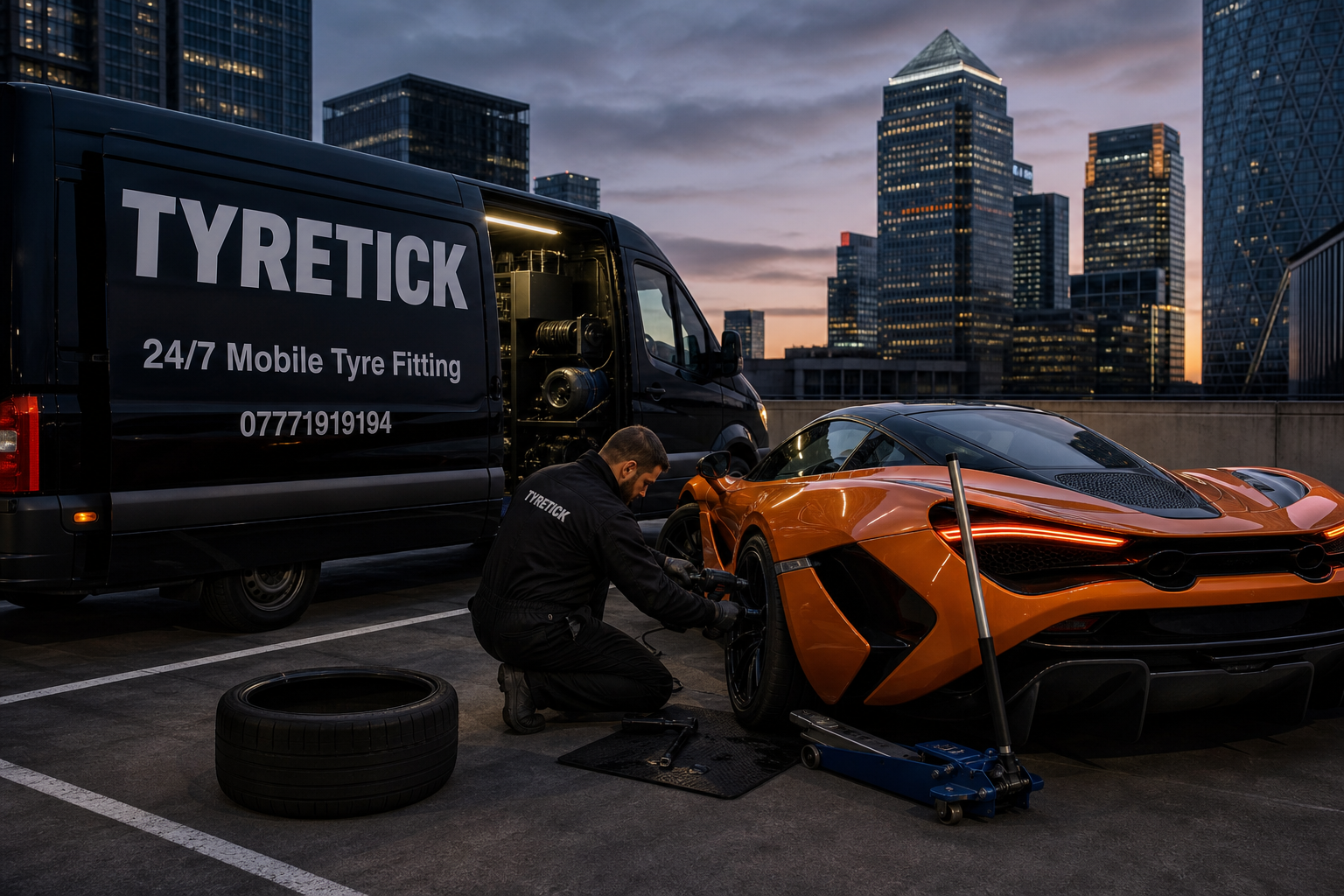 McLaren 720S tyre replacement in Canary Wharf office car park