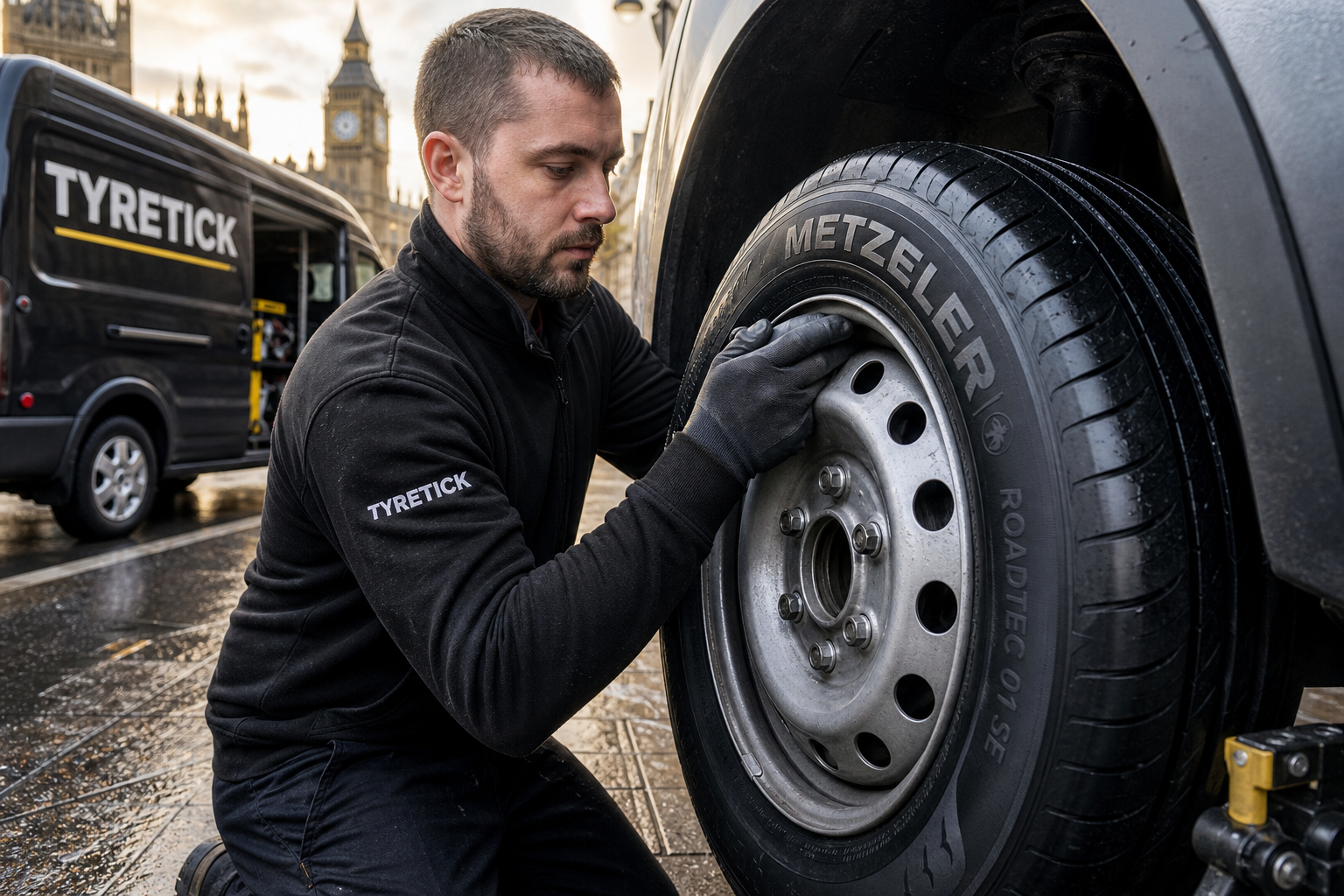 Mobile tyre fitting van in Westminster carrying Metzeler tyres