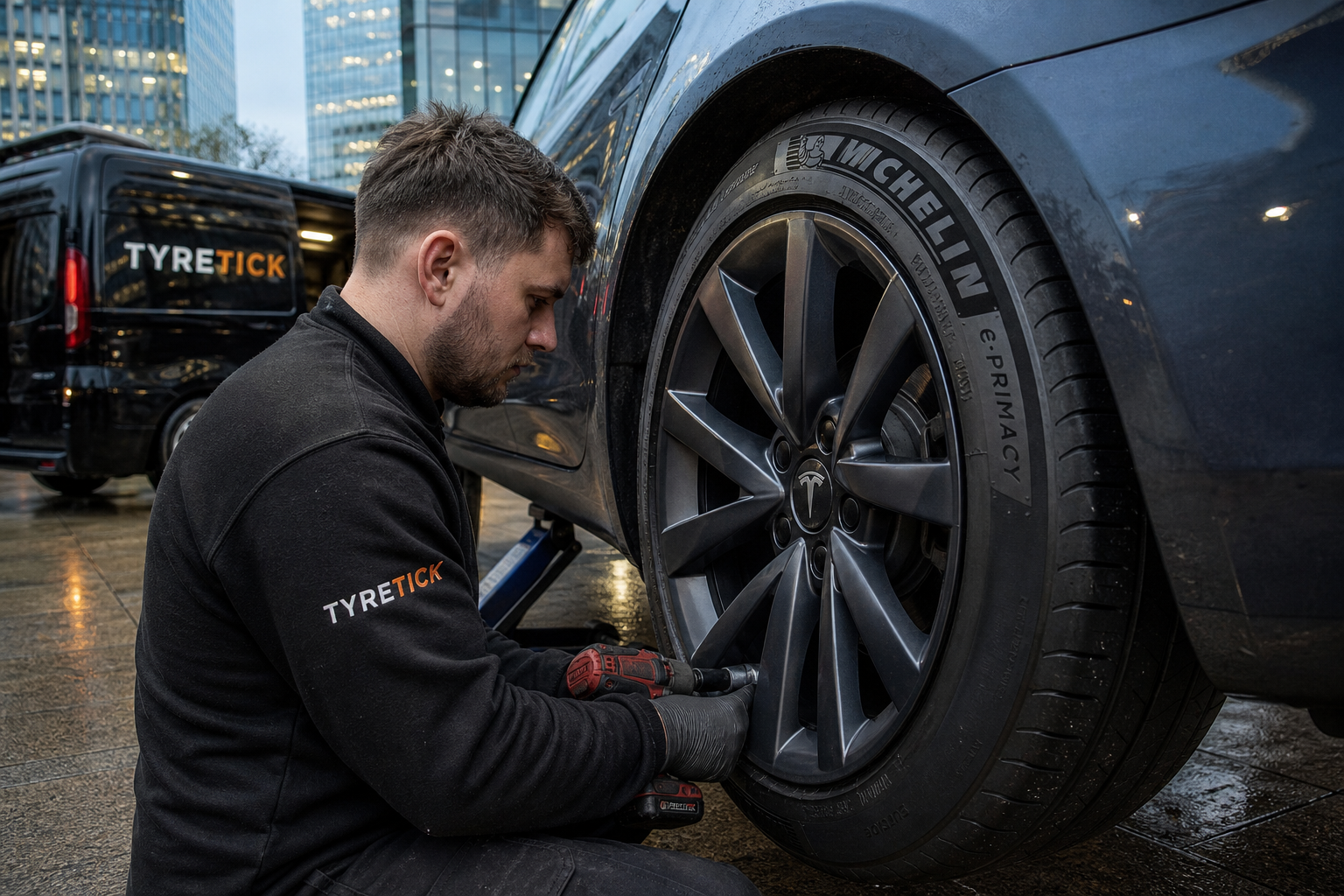 Mobile fitting of Michelin tyres on a Tesla Model 3 in Canary Wharf