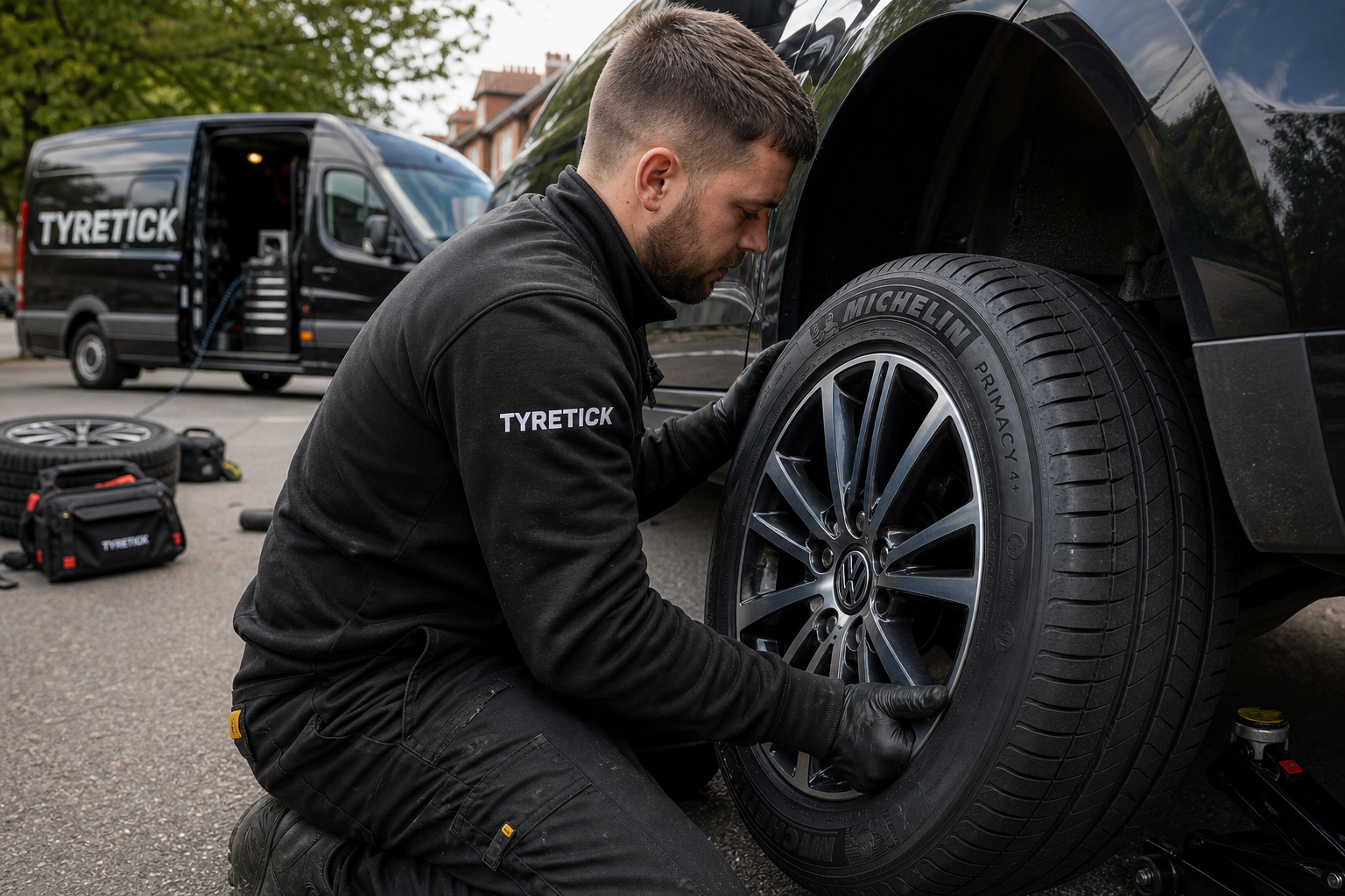 Michelin tyres fitted to a Volkswagen Golf on a Wimbledon driveway