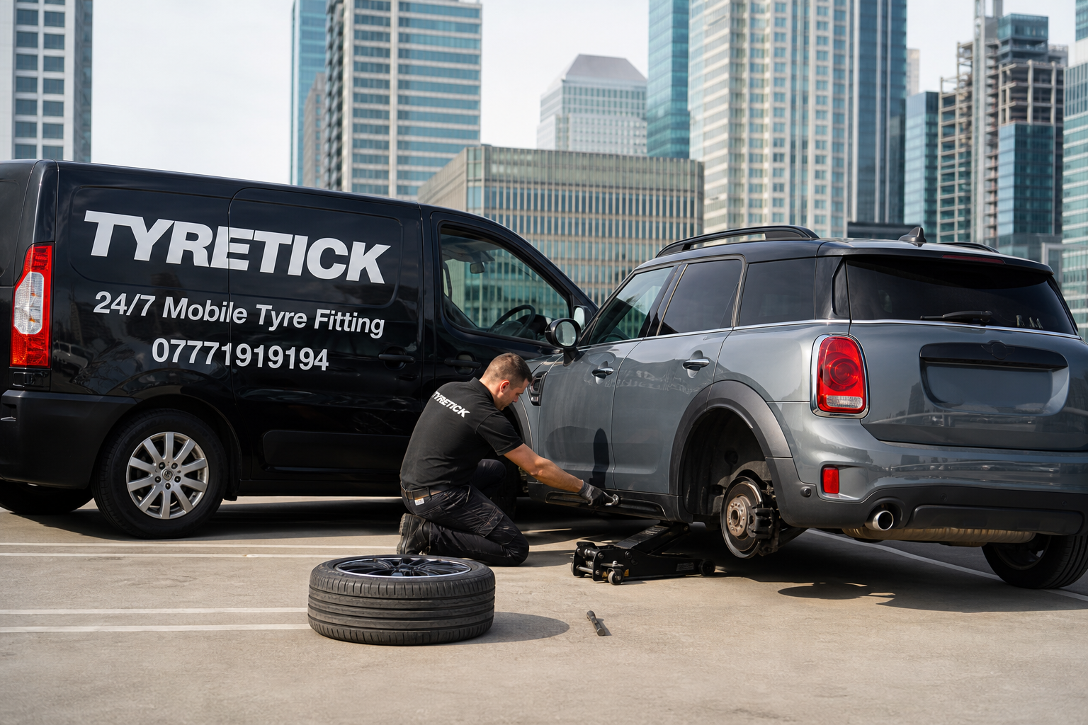 MINI Countryman mobile tyre replacement in a Canary Wharf office car park