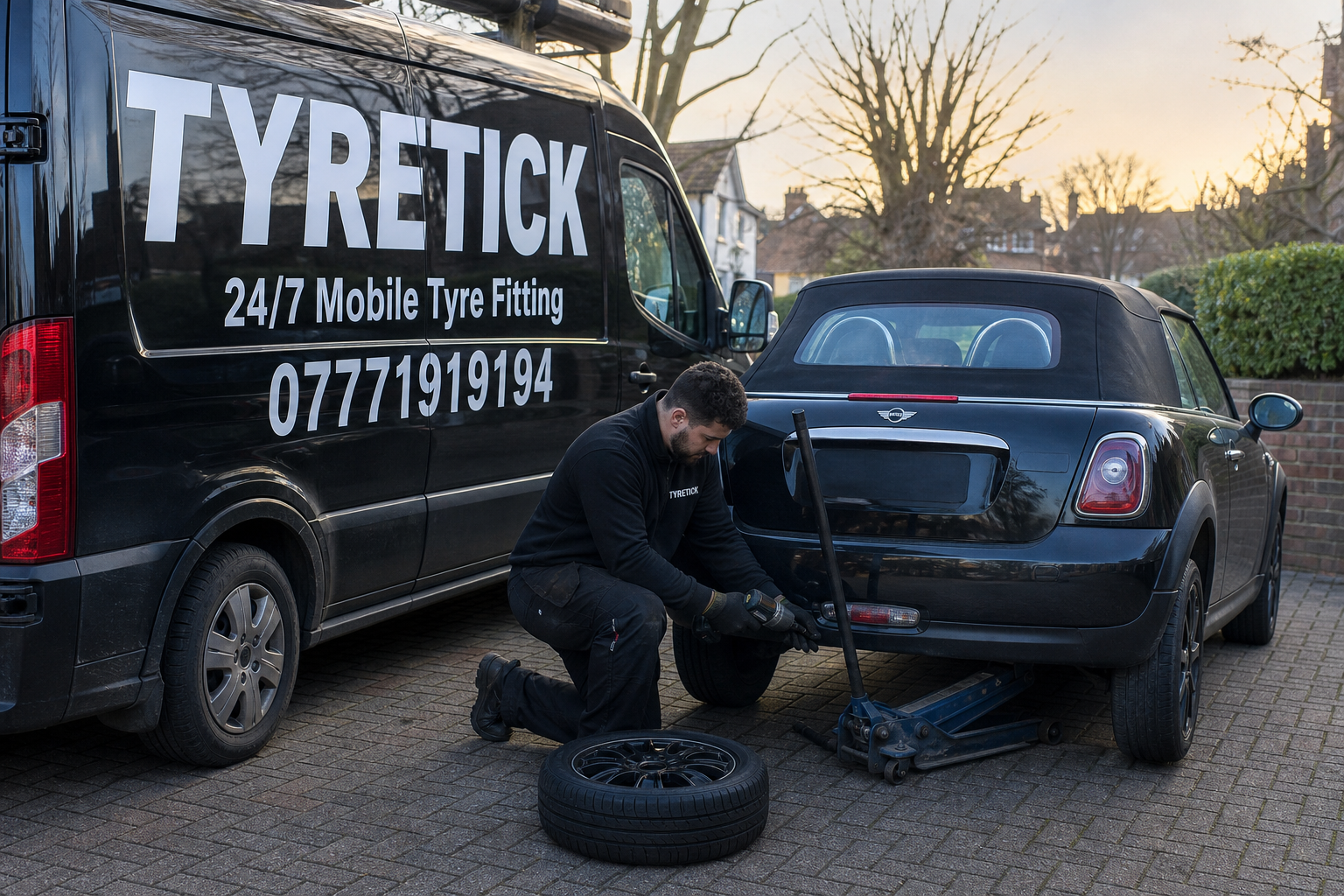 MINI Convertible tyre fitting on a Richmond driveway
