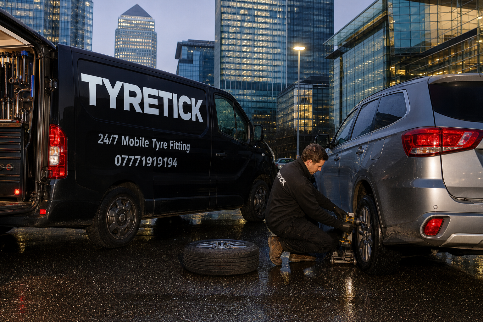 Mobile tyre fitting for a Mitsubishi Outlander PHEV in Canary Wharf