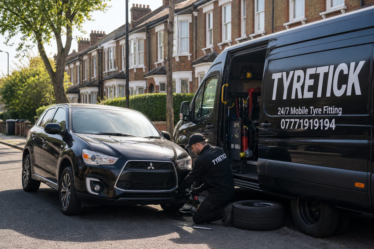 Mitsubishi ASX receiving mobile tyre replacement on a Clapham street