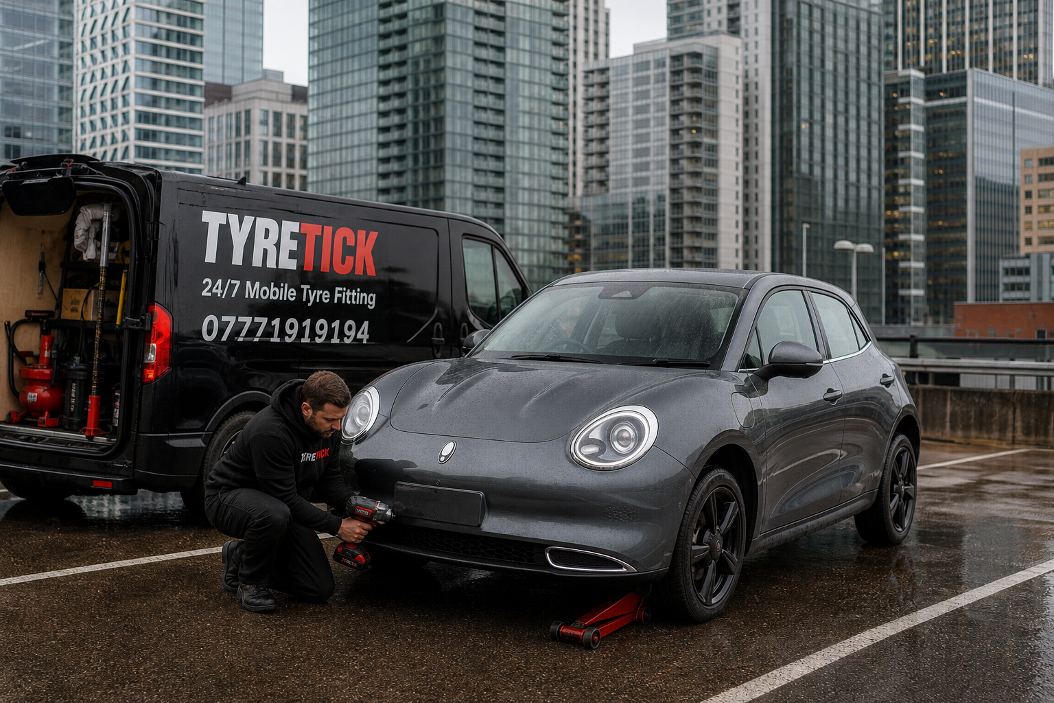 Ora 03 receiving mobile tyre fitting in Canary Wharf office car park