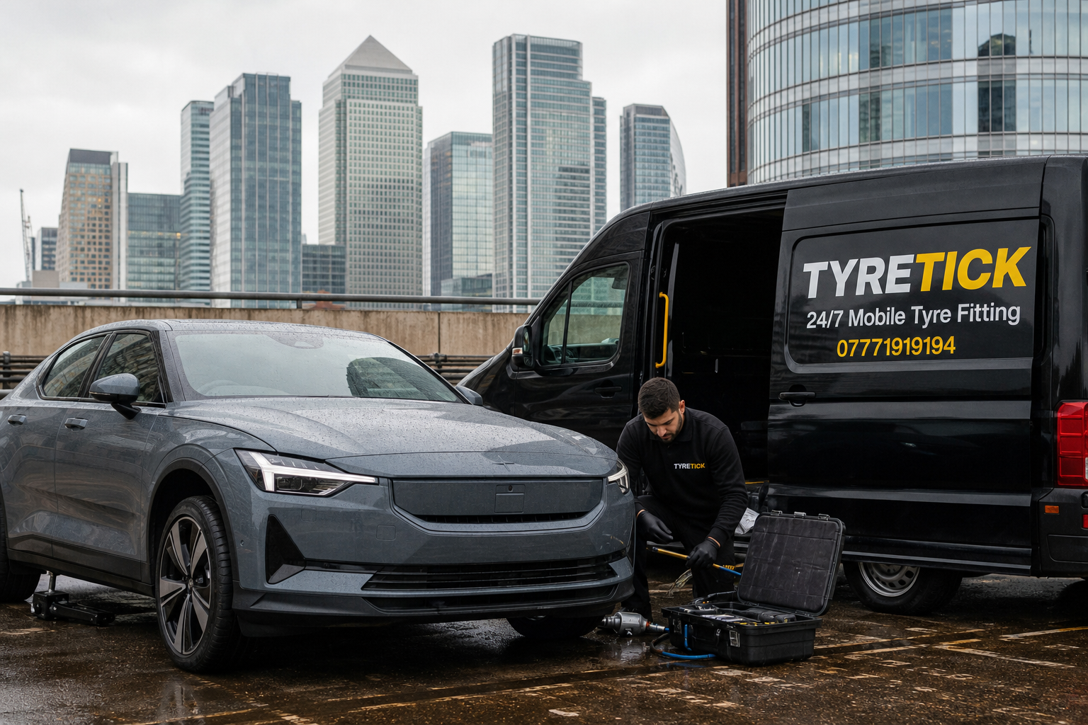 Polestar 2 mobile tyre fitting in a Canary Wharf office car park