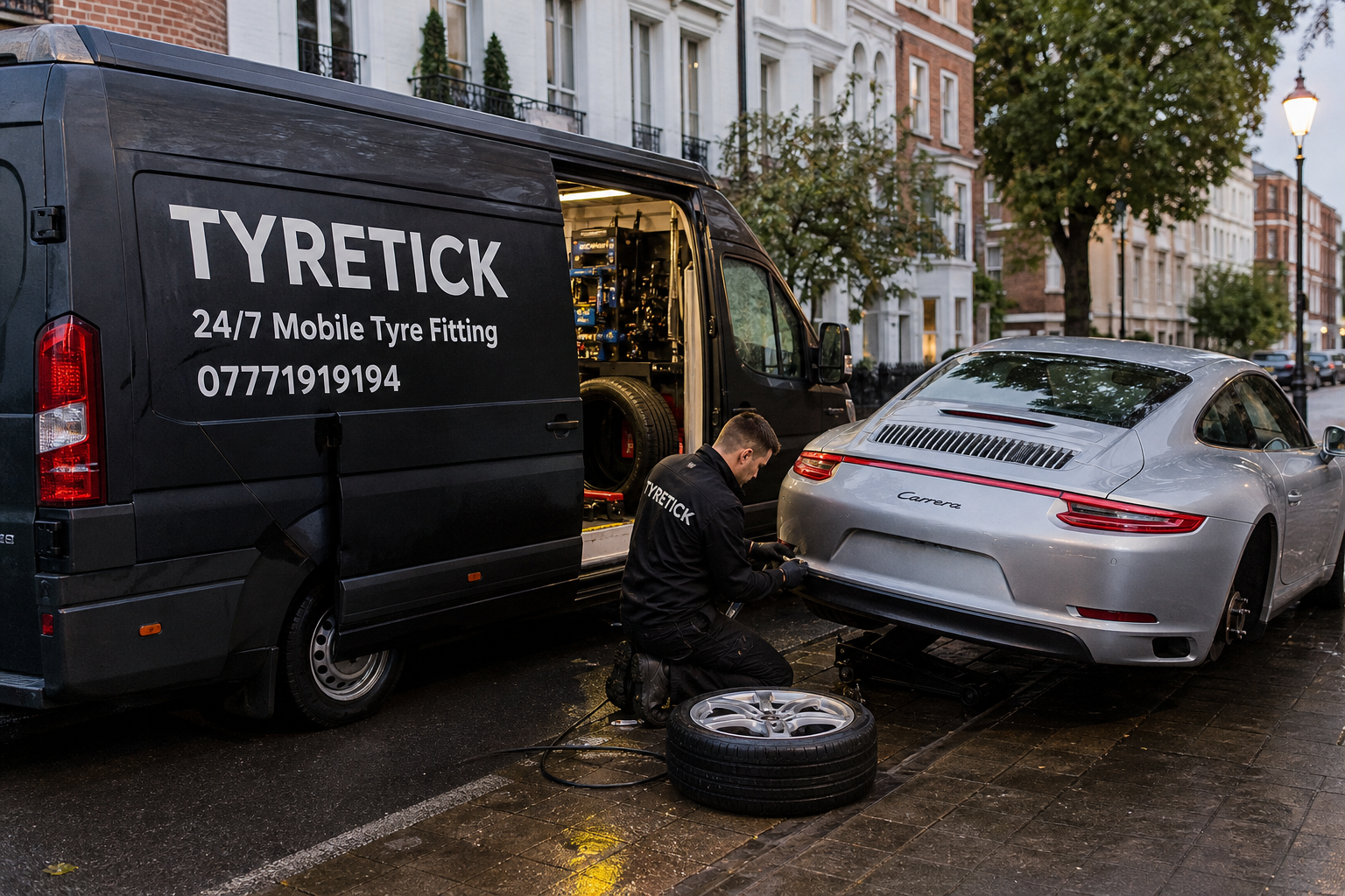 Mobile tyre fitting for a Porsche 911 Carrera on a wet Chelsea street
