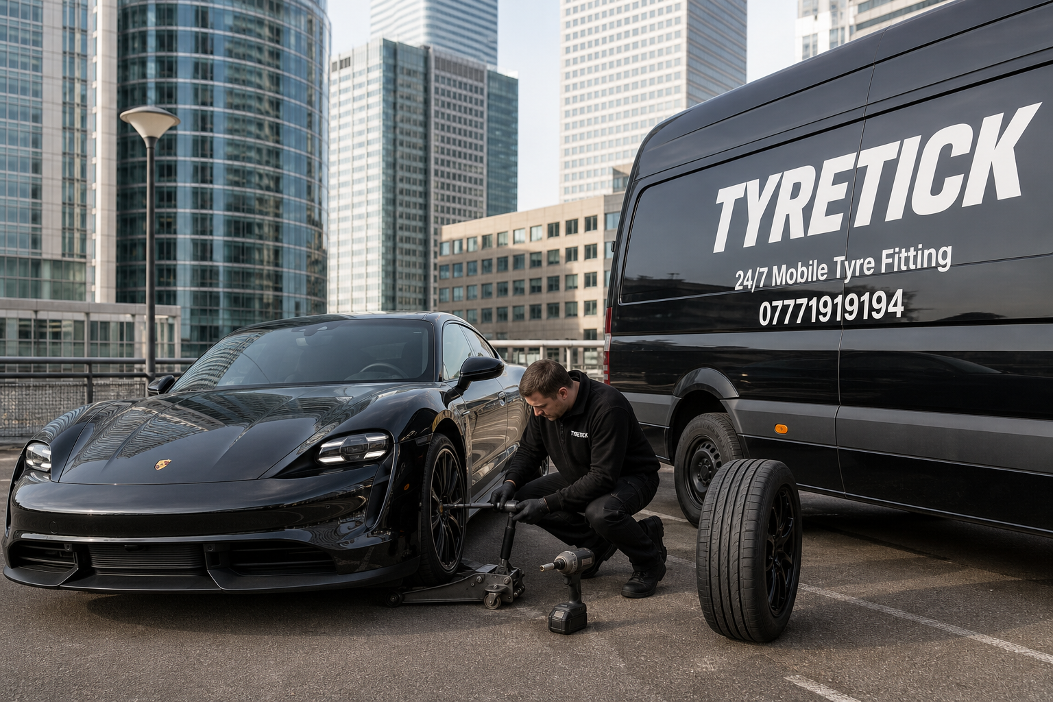Porsche Taycan mobile tyre service in a Canary Wharf office car park