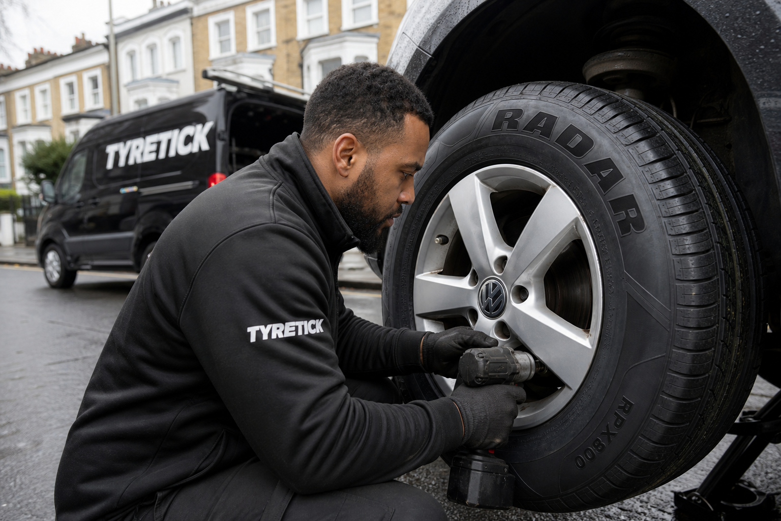 Radar tyres being fitted to a Volkswagen Golf in Camden
