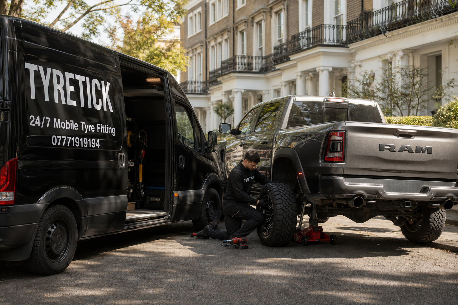 Ram 1500 TRX having roadside tyre replacement on a Chelsea street