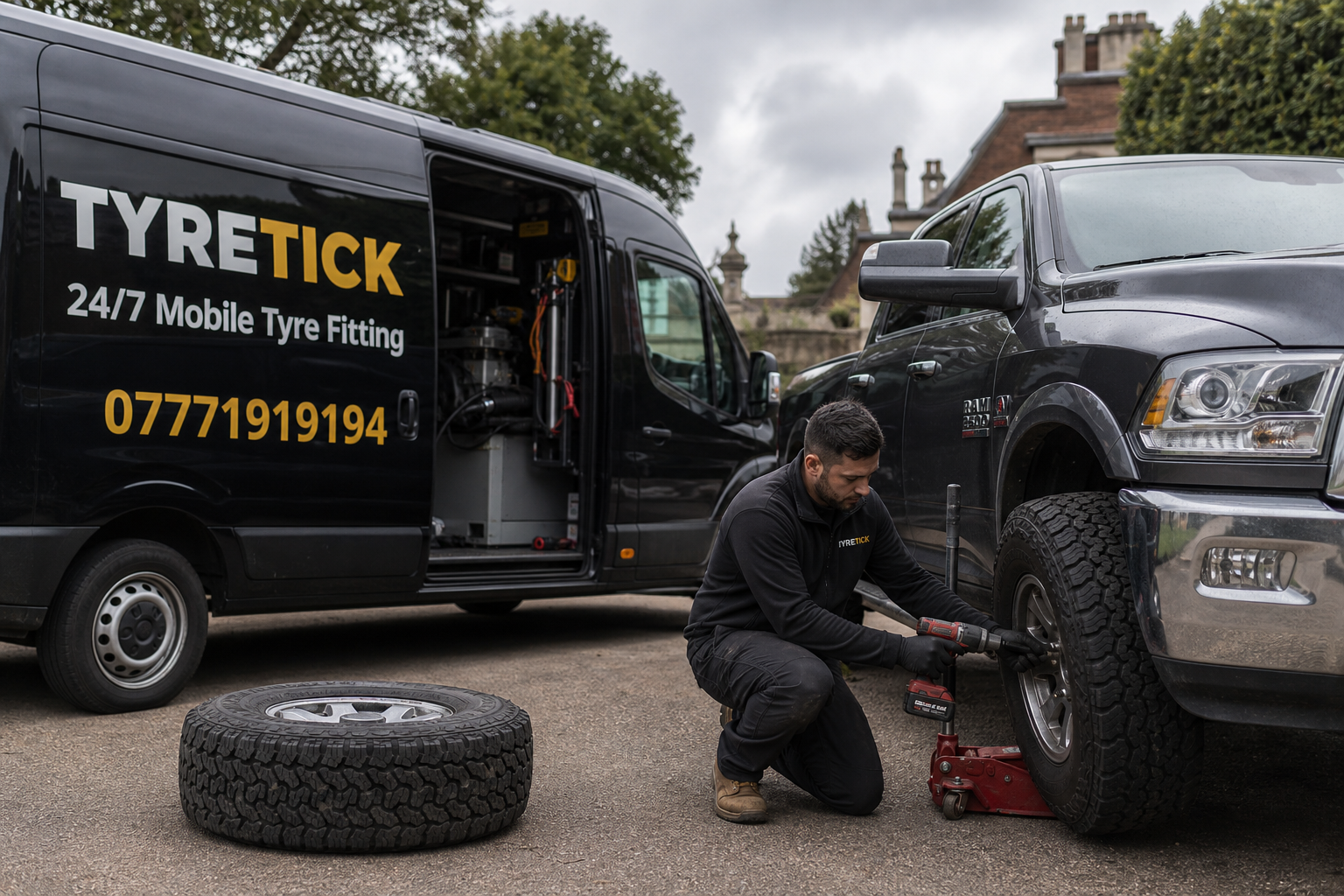 Ram 2500 on a Wimbledon driveway with a mobile tyre technician checking the wheel